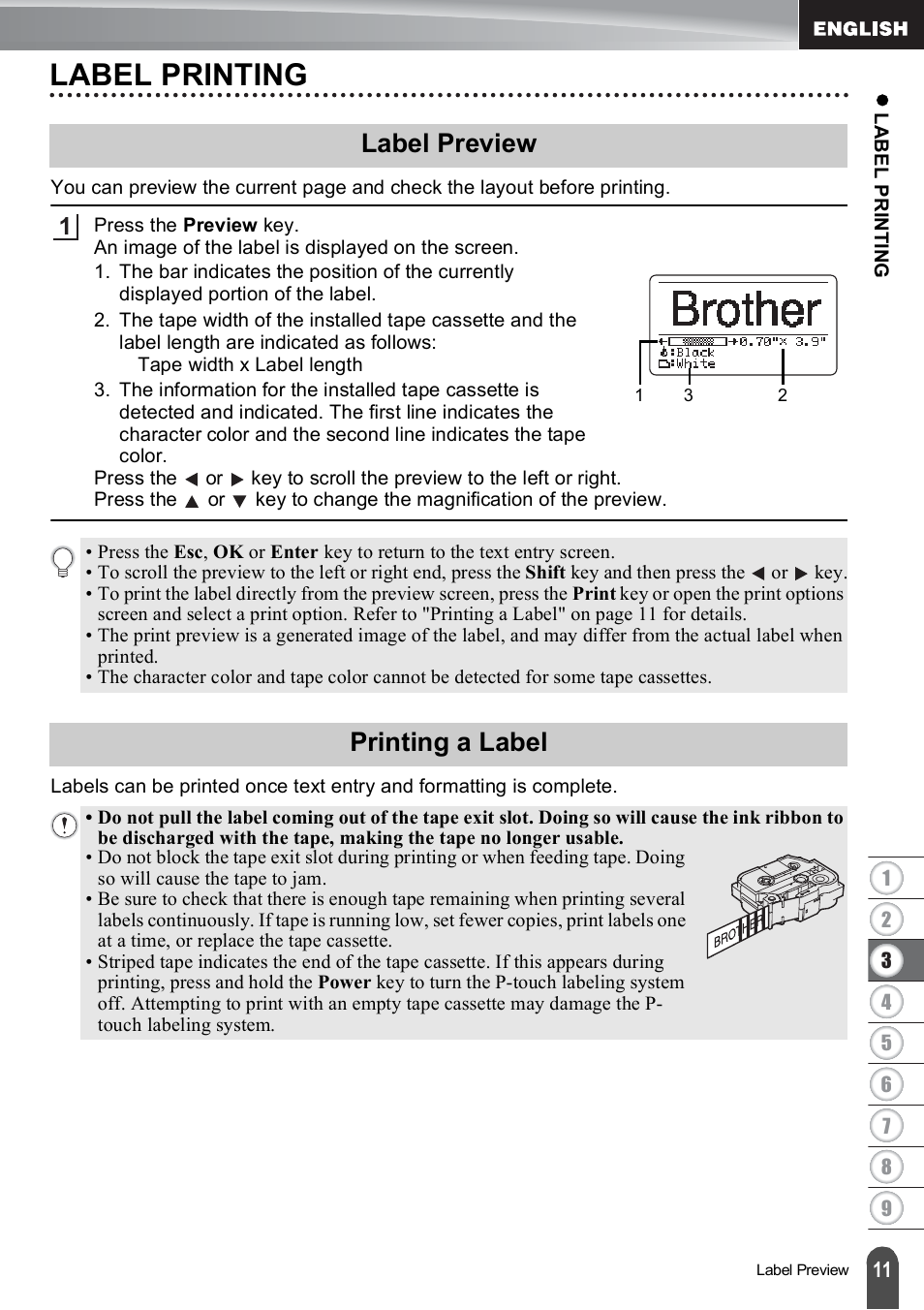 Label printing, Label preview, Printing a label | Label preview printing a label | Brother PT-E550W User Manual | Page 12 / 66