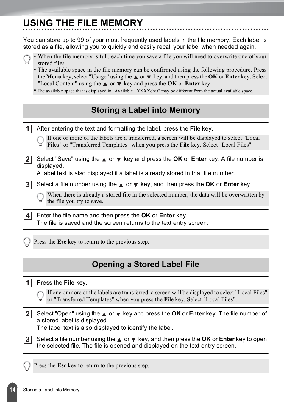 Using the file memory, Storing a label into memory, Opening a stored label file | Brother PT-E550W User Manual | Page 15 / 66