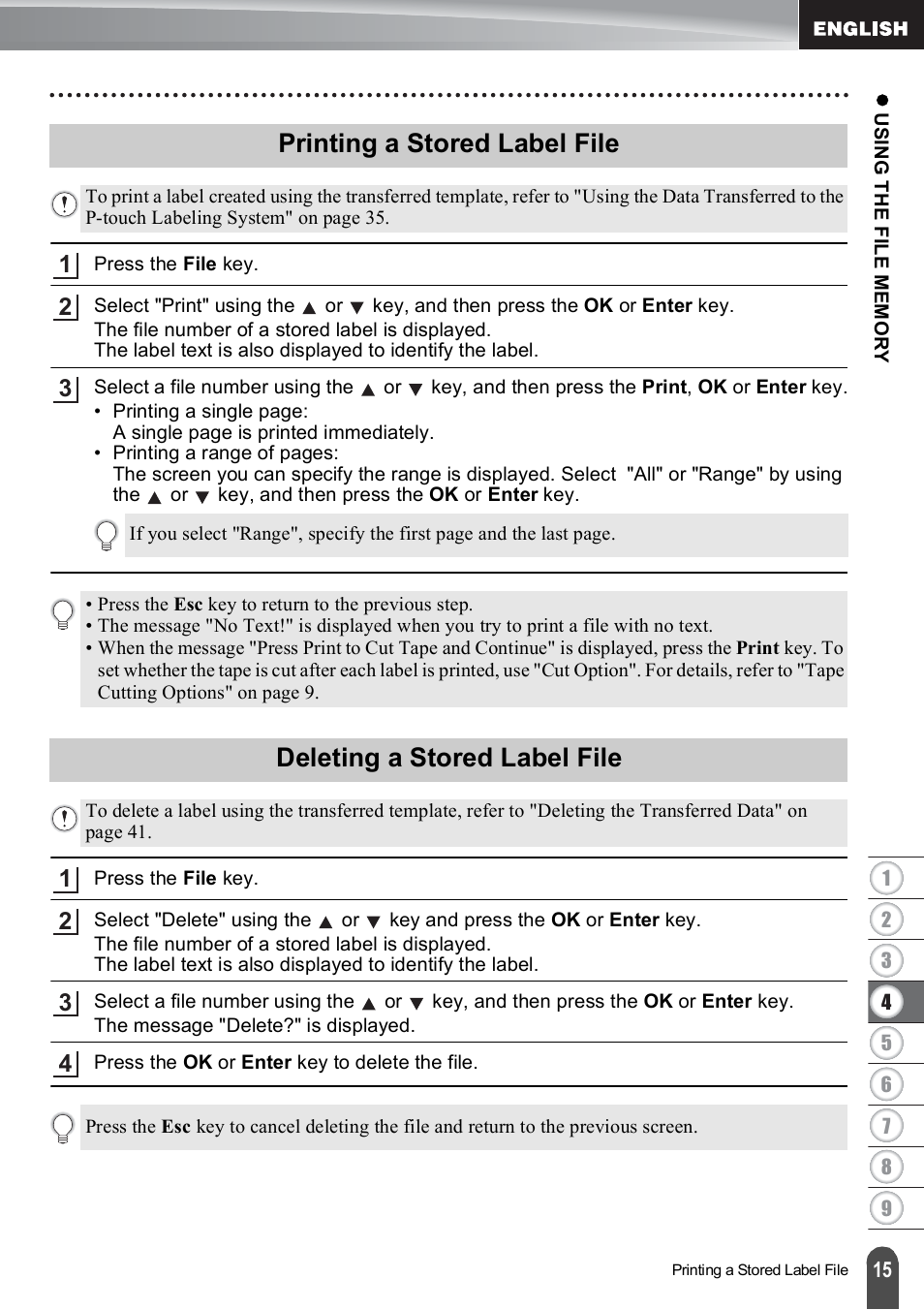 Printing a stored label file, Deleting a stored label file | Brother PT-E550W User Manual | Page 16 / 66