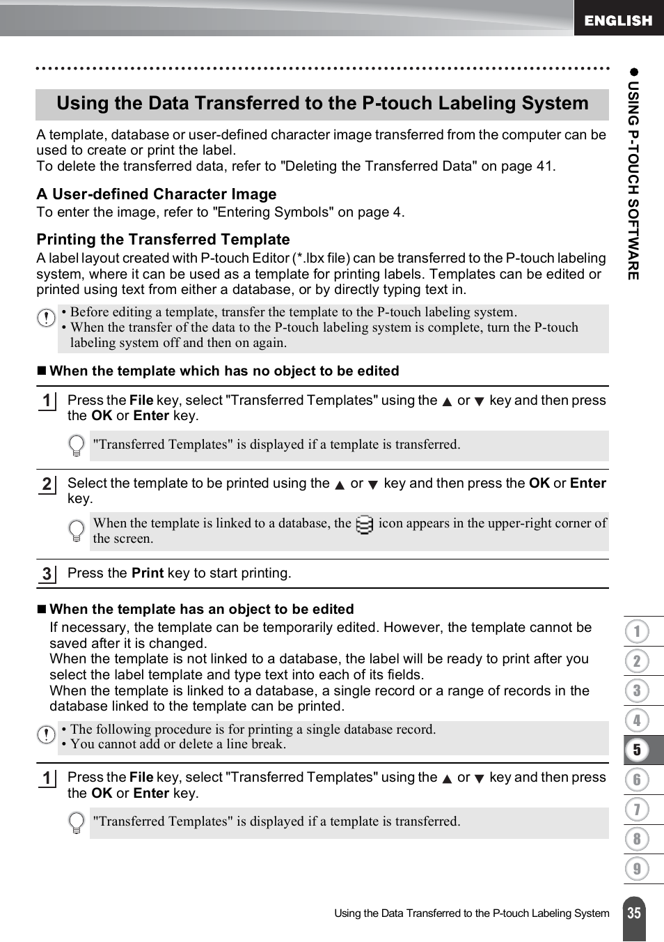 A user-defined character image, Printing the transferred template, Using the data transferred to | Using the data transferred to the, P. 35 | Brother PT-E550W User Manual | Page 36 / 66