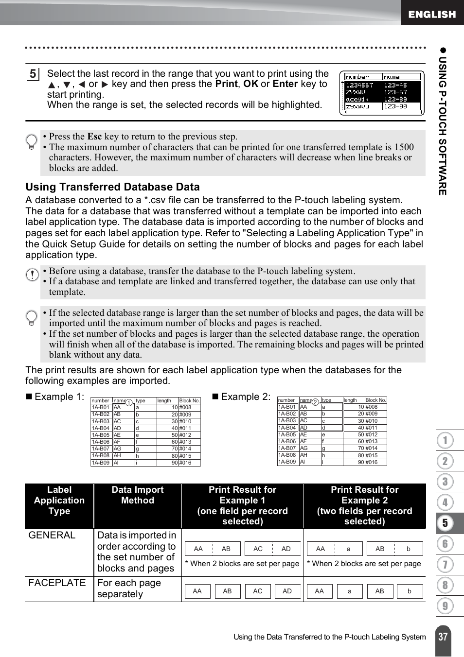 Using transferred database data, Faceplate for each page separately | Brother PT-E550W User Manual | Page 38 / 66