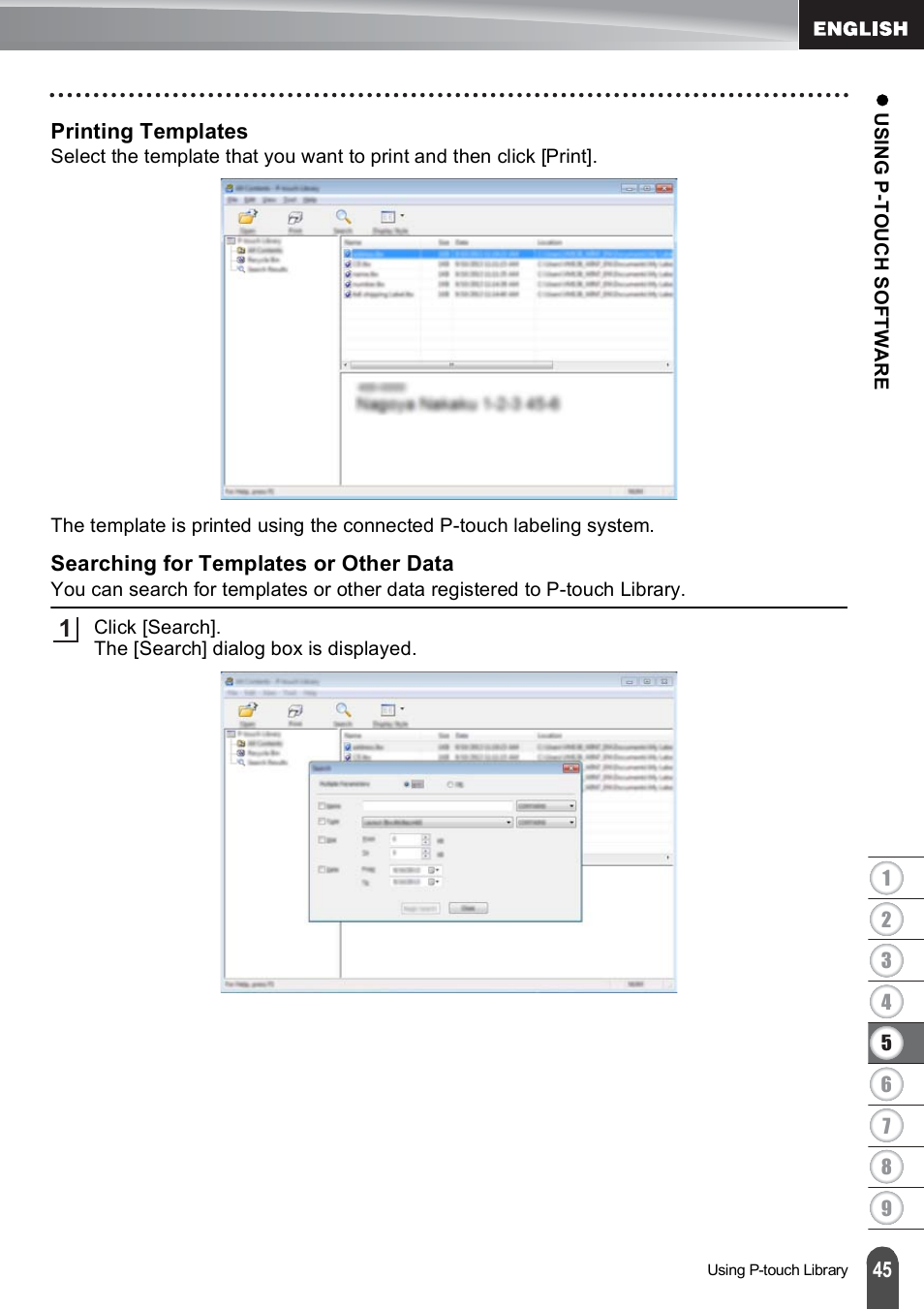 Printing templates, Searching for templates or other data | Brother PT-E550W User Manual | Page 46 / 66