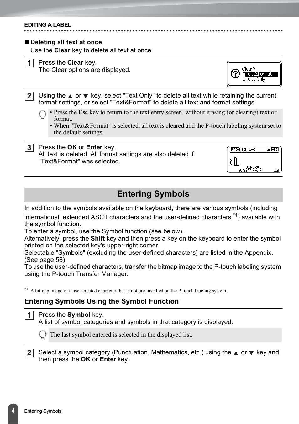 Entering symbols, Entering symbols using the symbol function | Brother PT-E550W User Manual | Page 5 / 66