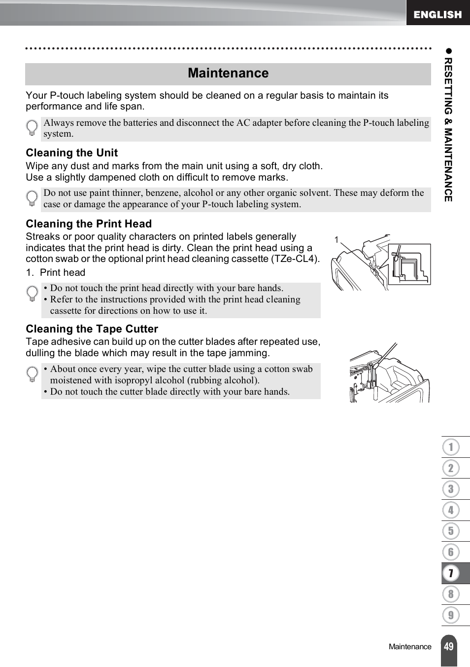 Maintenance, Cleaning the unit, Cleaning the print head | Cleaning the tape cutter, Cleaning the print head cleaning the tape cutter | Brother PT-E550W User Manual | Page 50 / 66