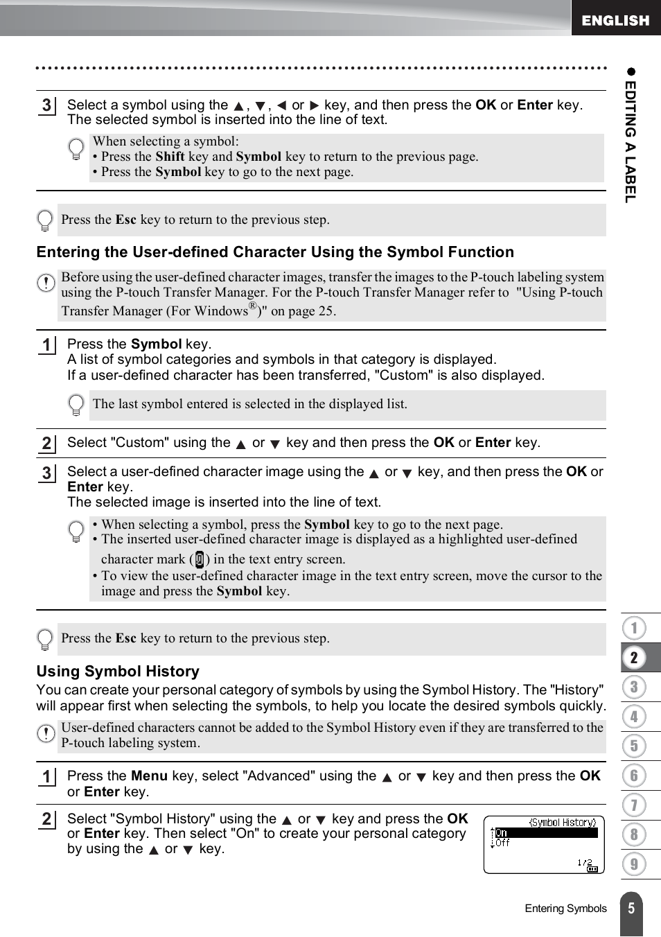 Using symbol history | Brother PT-E550W User Manual | Page 6 / 66