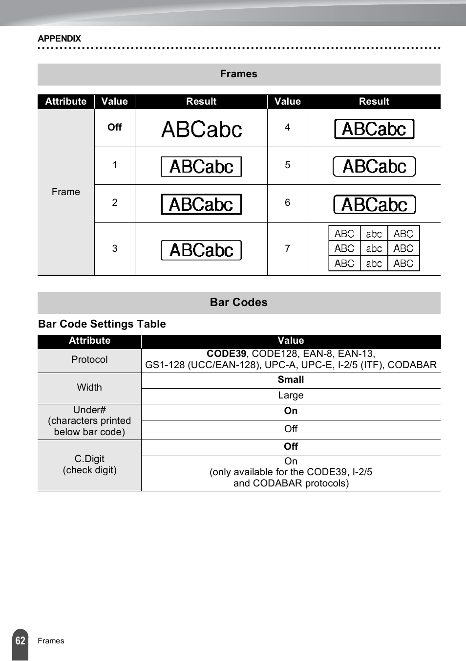 Frames, Bar codes, Bar code settings table | Brother PT-E550W User Manual | Page 63 / 66