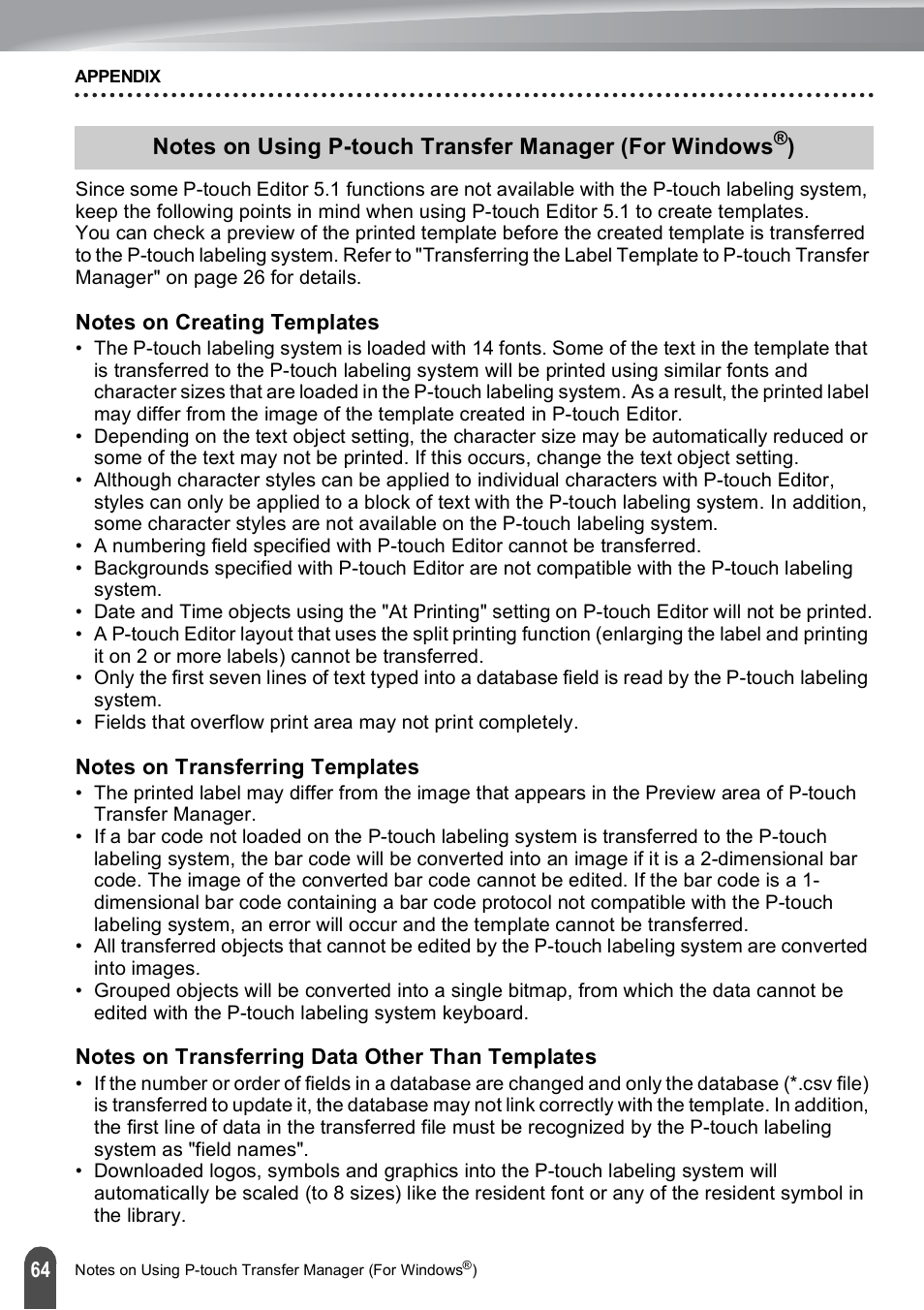 Notes on creating templates, Notes on transferring templates, Notes on transferring data other than templates | P. 64 | Brother PT-E550W User Manual | Page 65 / 66