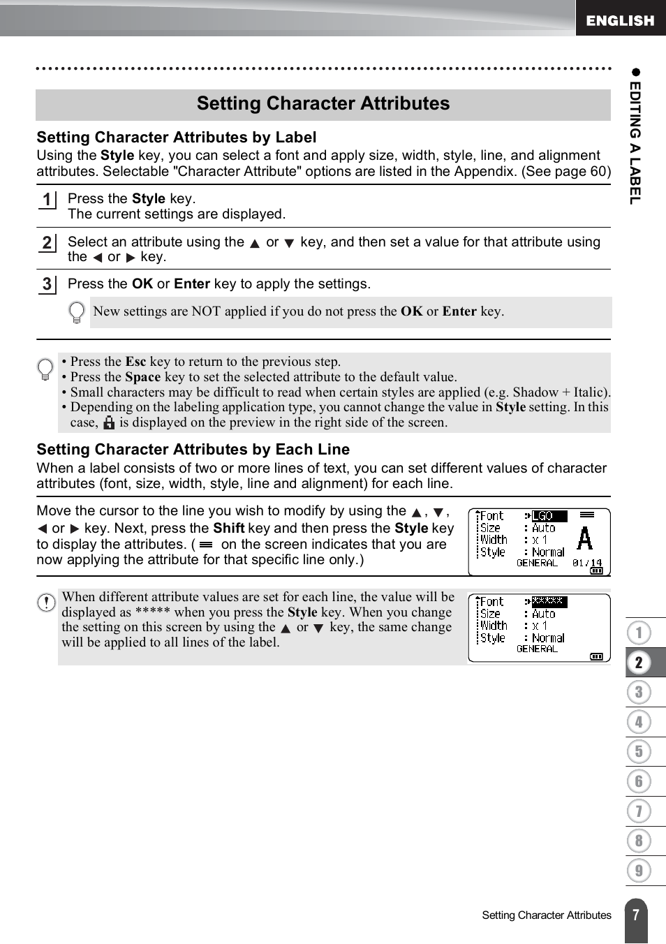 Setting character attributes, Setting character attributes by label, Setting character attributes by each line | Brother PT-E550W User Manual | Page 8 / 66