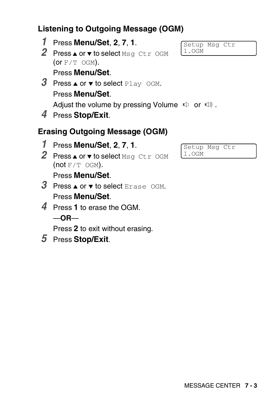Listening to outgoing message (ogm), Erasing outgoing message (ogm) | Brother FAX-2440C User Manual | Page 100 / 230