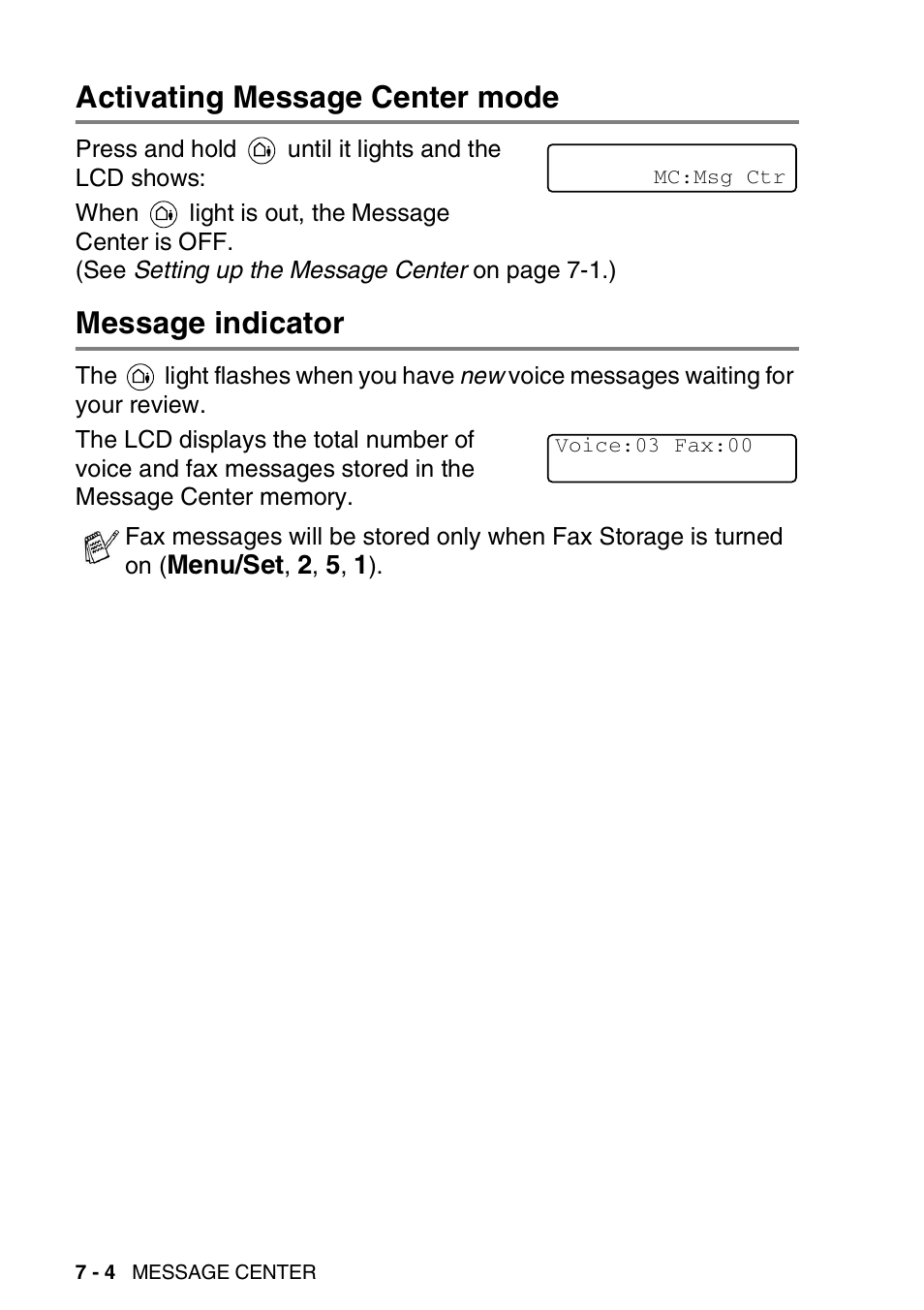 Activating message center mode, Message indicator | Brother FAX-2440C User Manual | Page 101 / 230