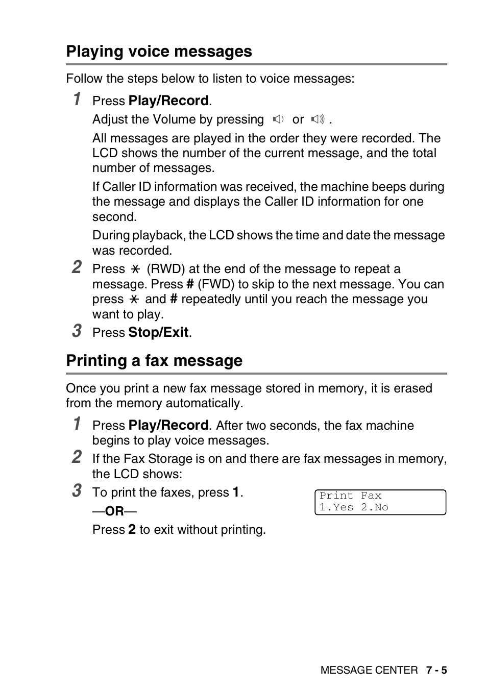 Playing voice messages, Printing a fax message | Brother FAX-2440C User Manual | Page 102 / 230