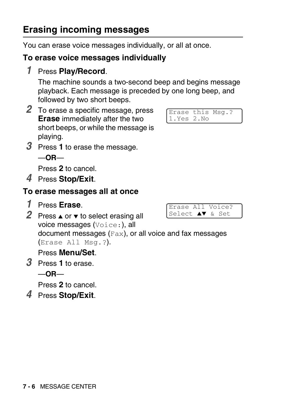 Erasing incoming messages, To erase voice messages individually, To erase messages all at once | Erasing incoming messages -6 | Brother FAX-2440C User Manual | Page 103 / 230