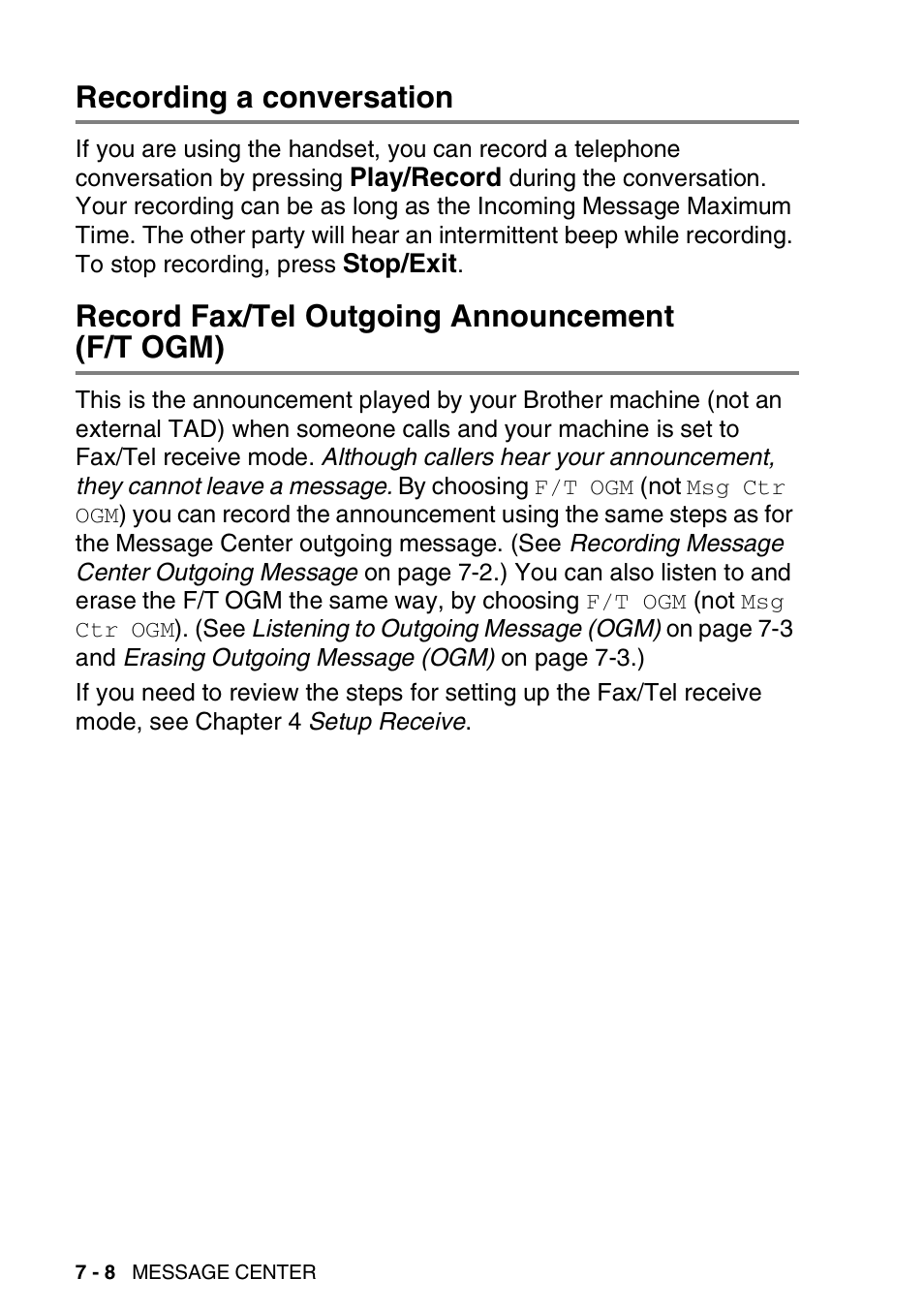Recording a conversation, Record fax/tel outgoing announcement (f/t ogm) | Brother FAX-2440C User Manual | Page 105 / 230