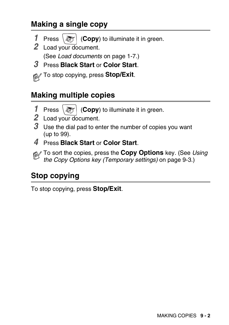 Making a single copy, Making multiple copies, Stop copying | Brother FAX-2440C User Manual | Page 110 / 230