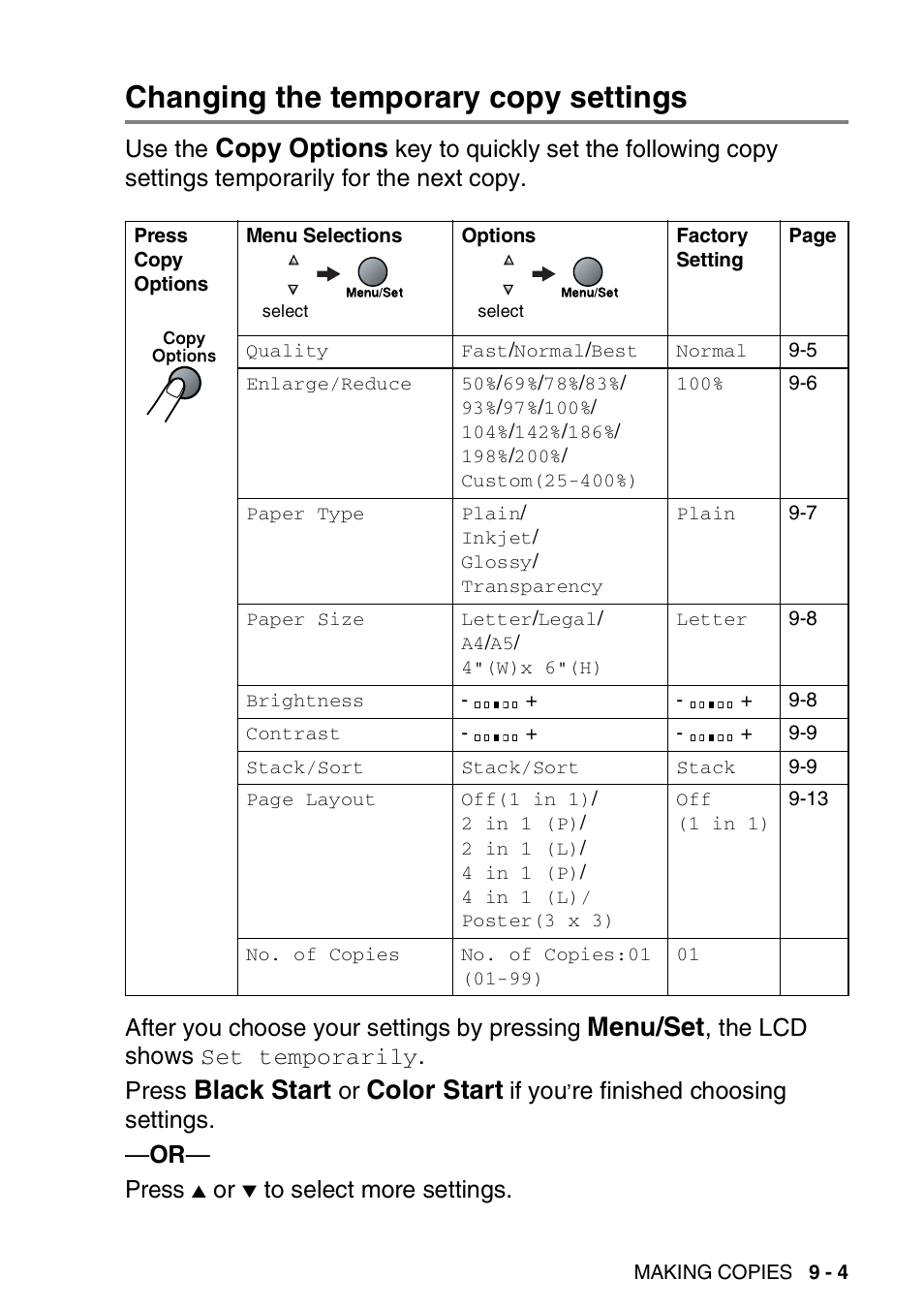 Changing the temporary copy settings, Changing the temporary copy settings -4, Copy options | Menu/set, Black start, Color start, Use the, The lcd shows, Press, If you | Brother FAX-2440C User Manual | Page 112 / 230