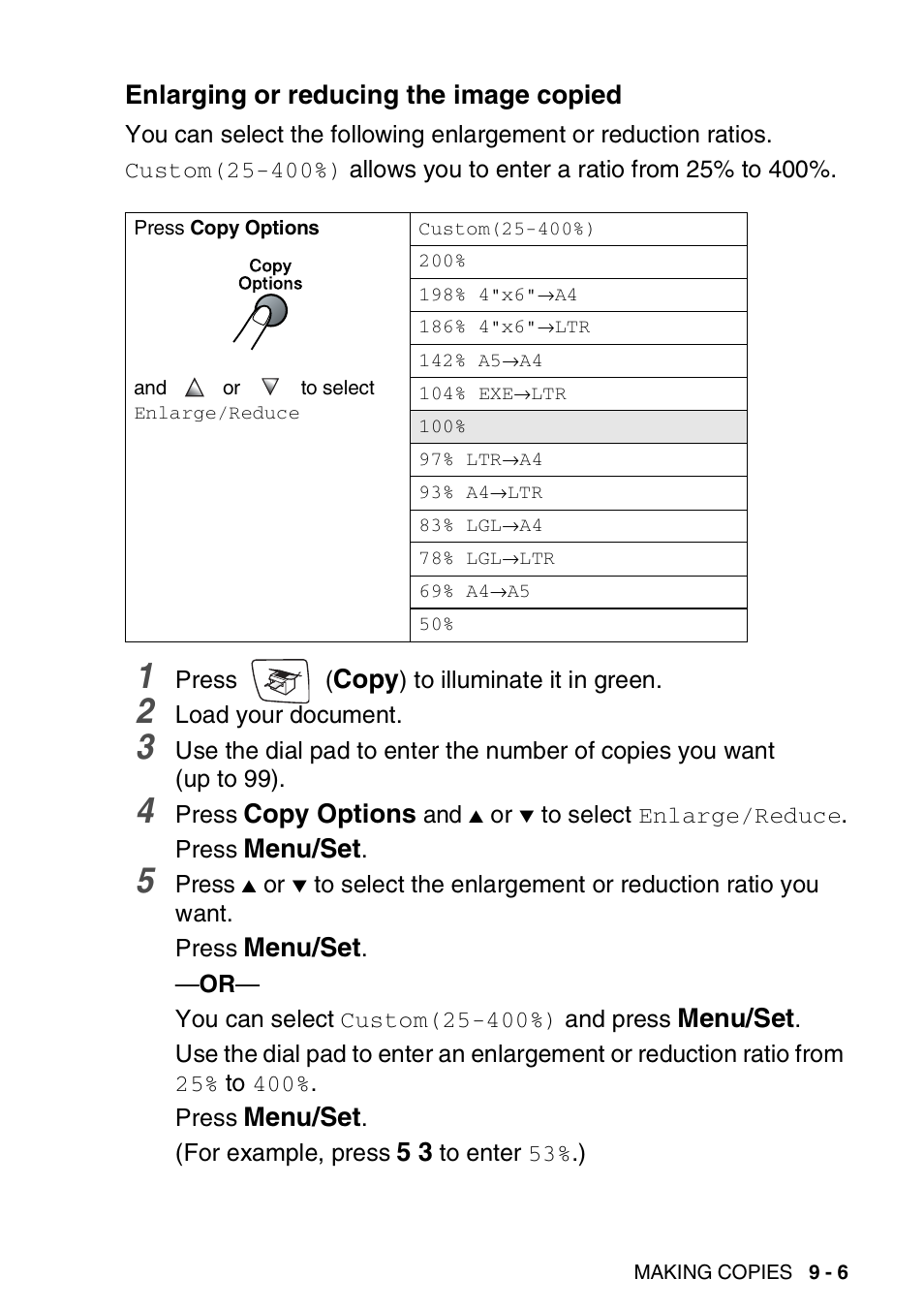 Enlarging or reducing the image copied, Enlarging or reducing the image copied -6, Copy | Copy options, Menu/set | Brother FAX-2440C User Manual | Page 114 / 230