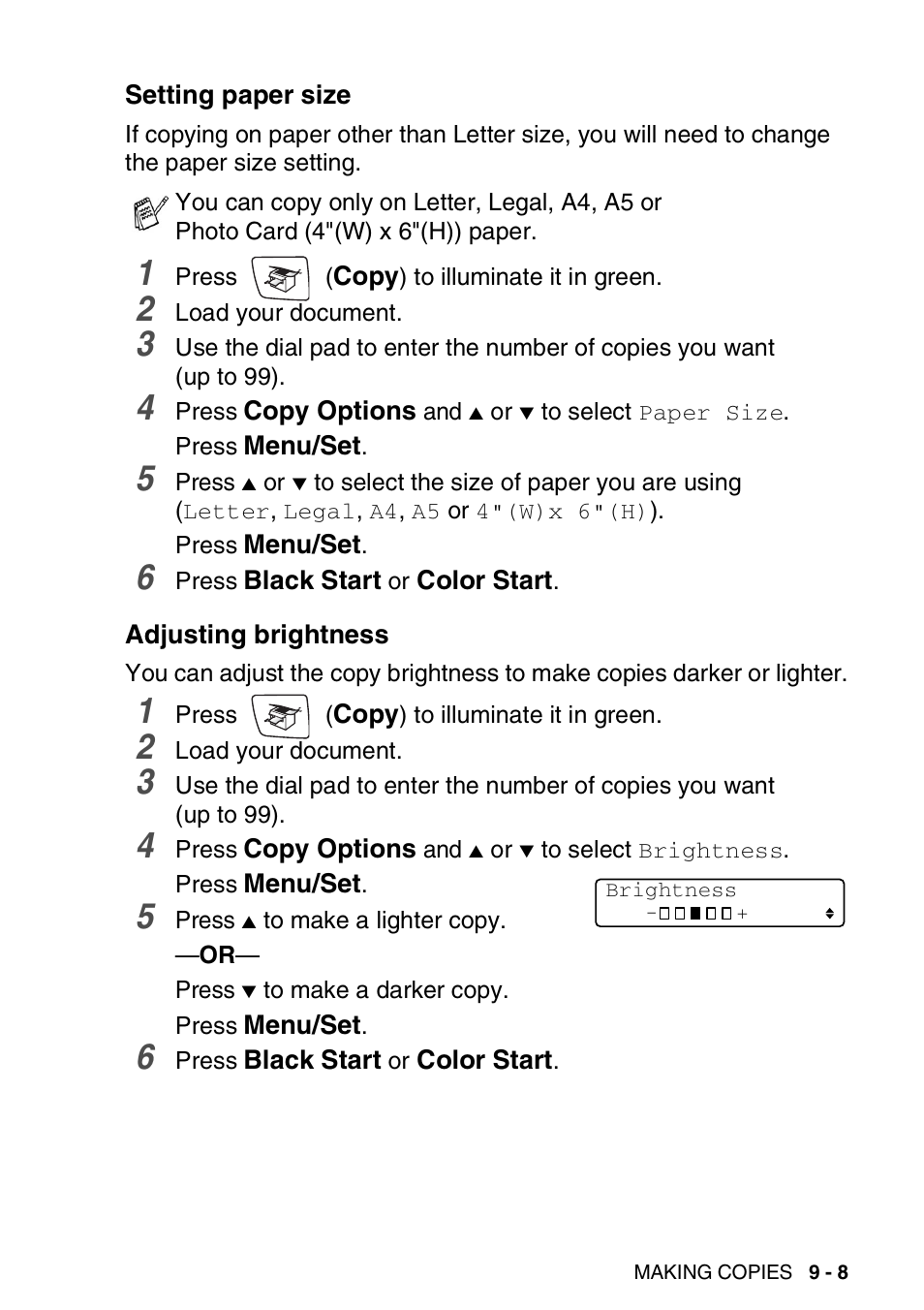 Setting paper size, Adjusting brightness, Setting paper size -8 adjusting brightness -8 | Brother FAX-2440C User Manual | Page 116 / 230