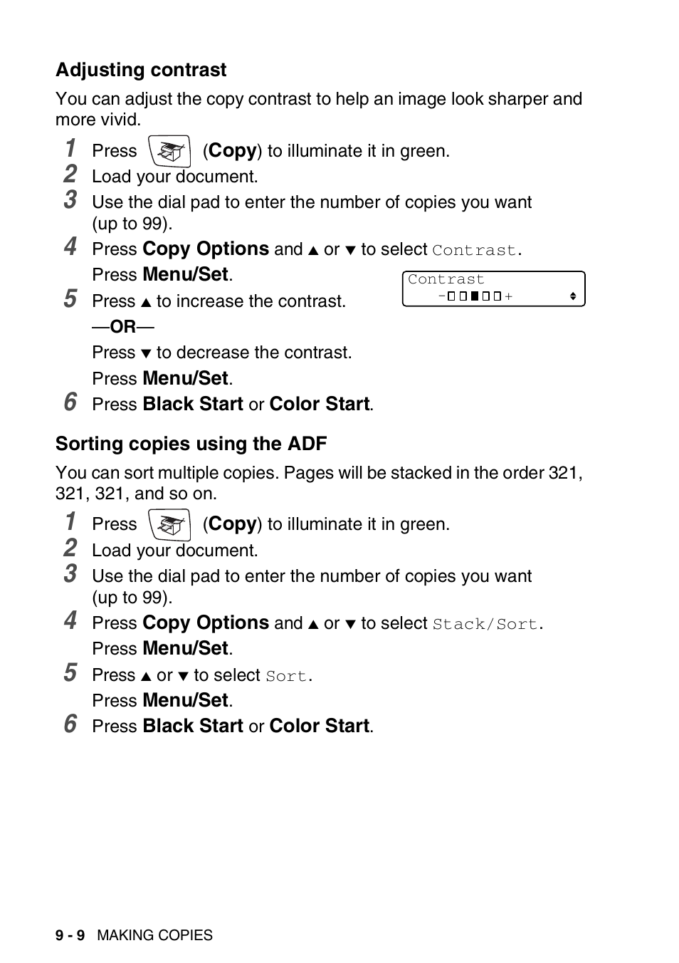 Adjusting contrast, Sorting copies using the adf | Brother FAX-2440C User Manual | Page 117 / 230