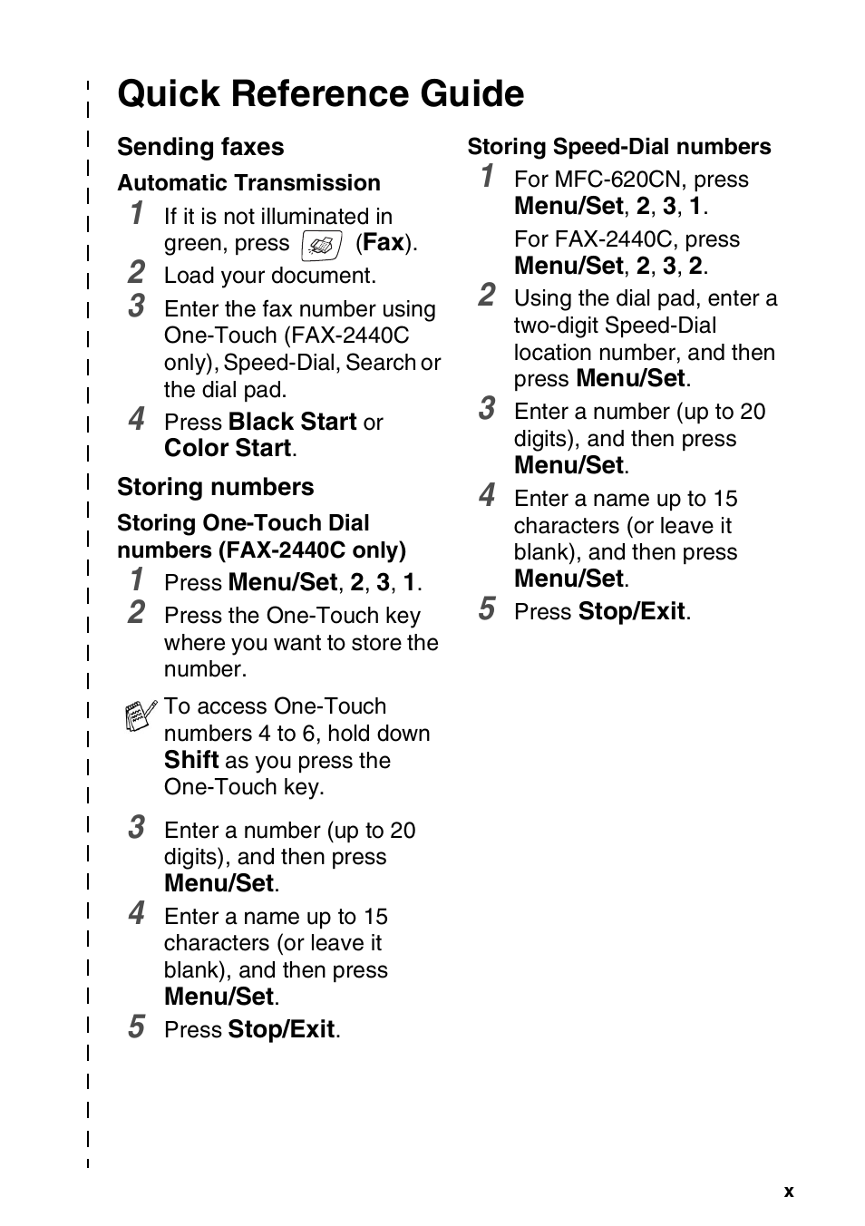 Quick reference guide, Sending faxes, Storing numbers | Brother FAX-2440C User Manual | Page 12 / 230