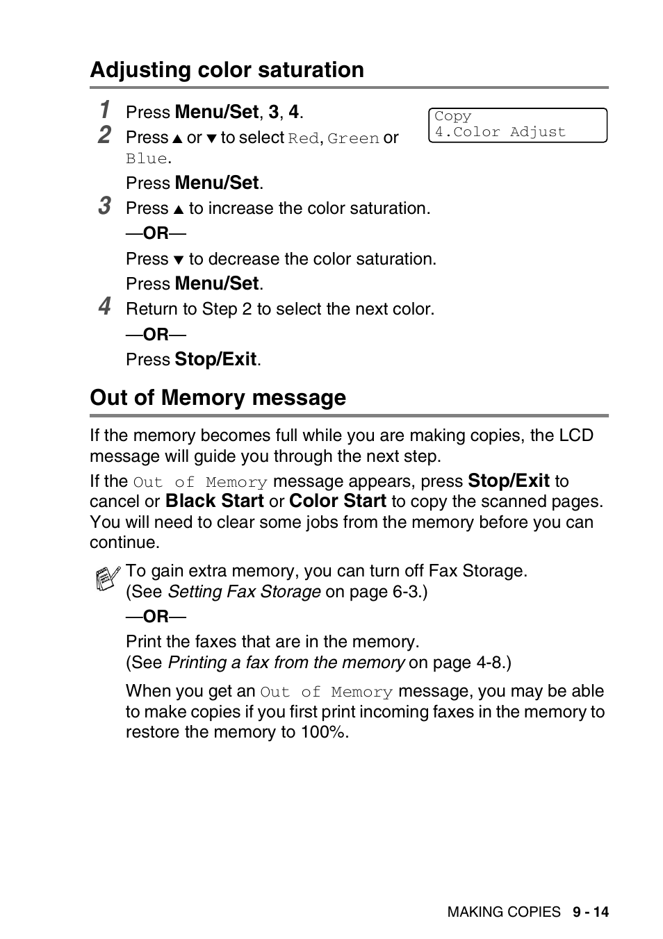 Adjusting color saturation, Out of memory message | Brother FAX-2440C User Manual | Page 122 / 230
