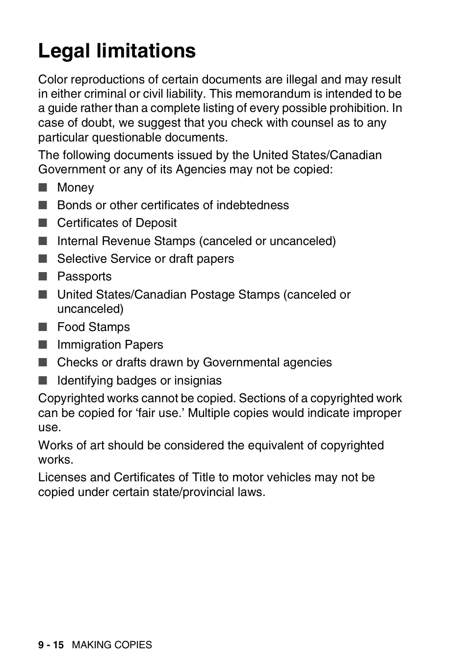 Legal limitations, Legal limitations -15 | Brother FAX-2440C User Manual | Page 123 / 230