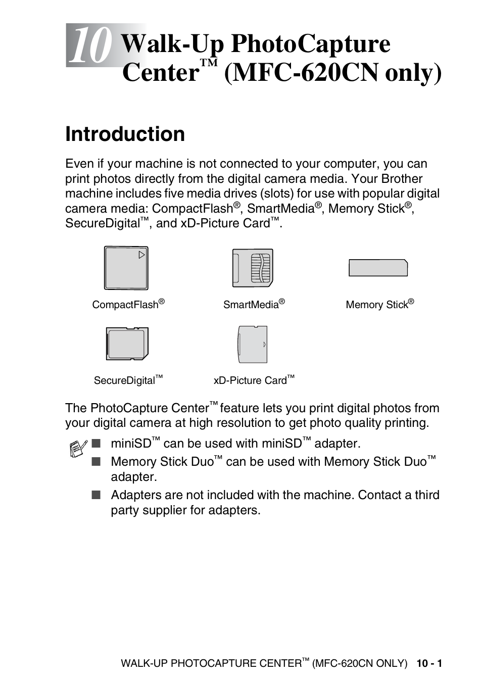10 walk-up photocapture center™ (mfc-620cn only), Introduction, Walk-up photocapture center | Mfc-620cn only) -1, Introduction -1, Mfc-620cn only) | Brother FAX-2440C User Manual | Page 124 / 230