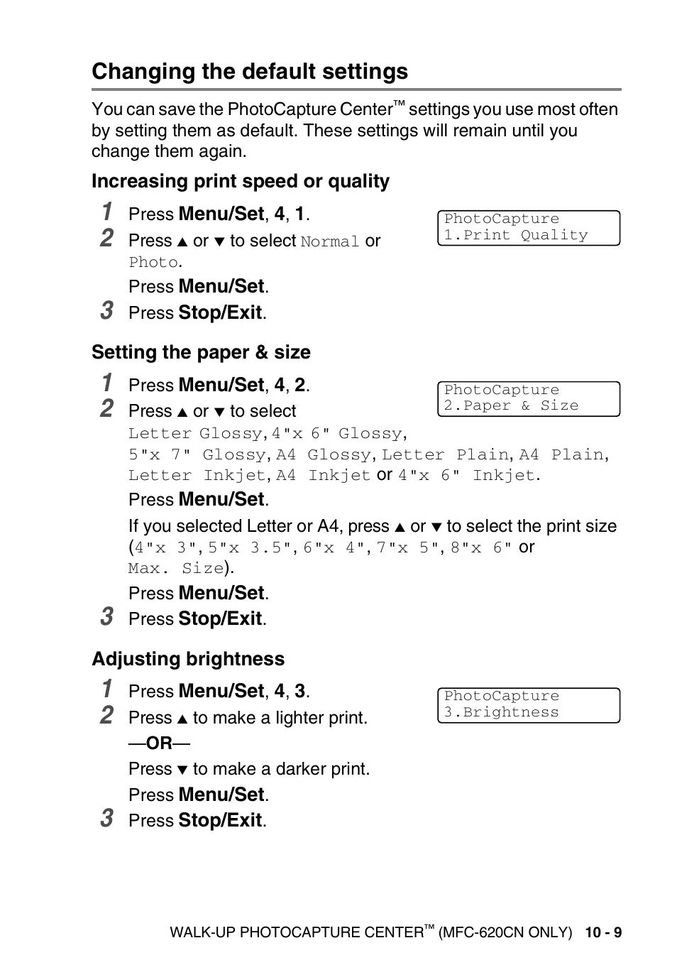 Changing the default settings, Increasing print speed or quality, Setting the paper & size | Adjusting brightness, Changing the default settings -9 | Brother FAX-2440C User Manual | Page 132 / 230