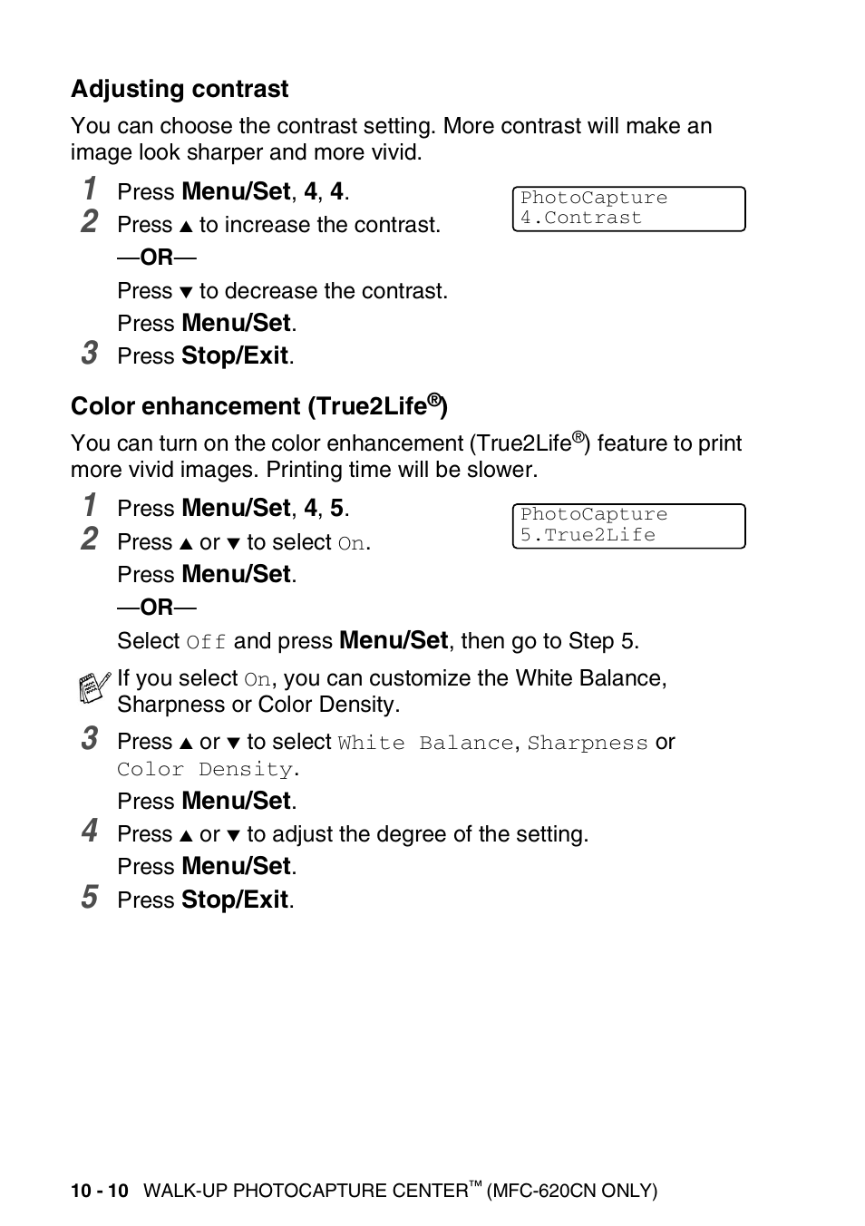 Adjusting contrast, Color enhancement (true2life®) | Brother FAX-2440C User Manual | Page 133 / 230