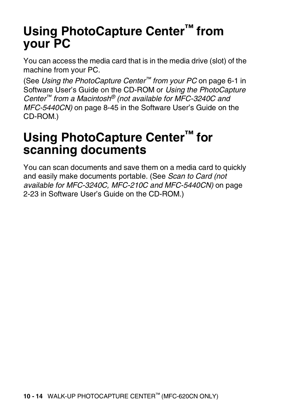 Using photocapture center™ from your pc, Using photocapture center™ for scanning documents, Using photocapture center | From your pc -14, For scanning documents -14, For scanning documents | Brother FAX-2440C User Manual | Page 137 / 230