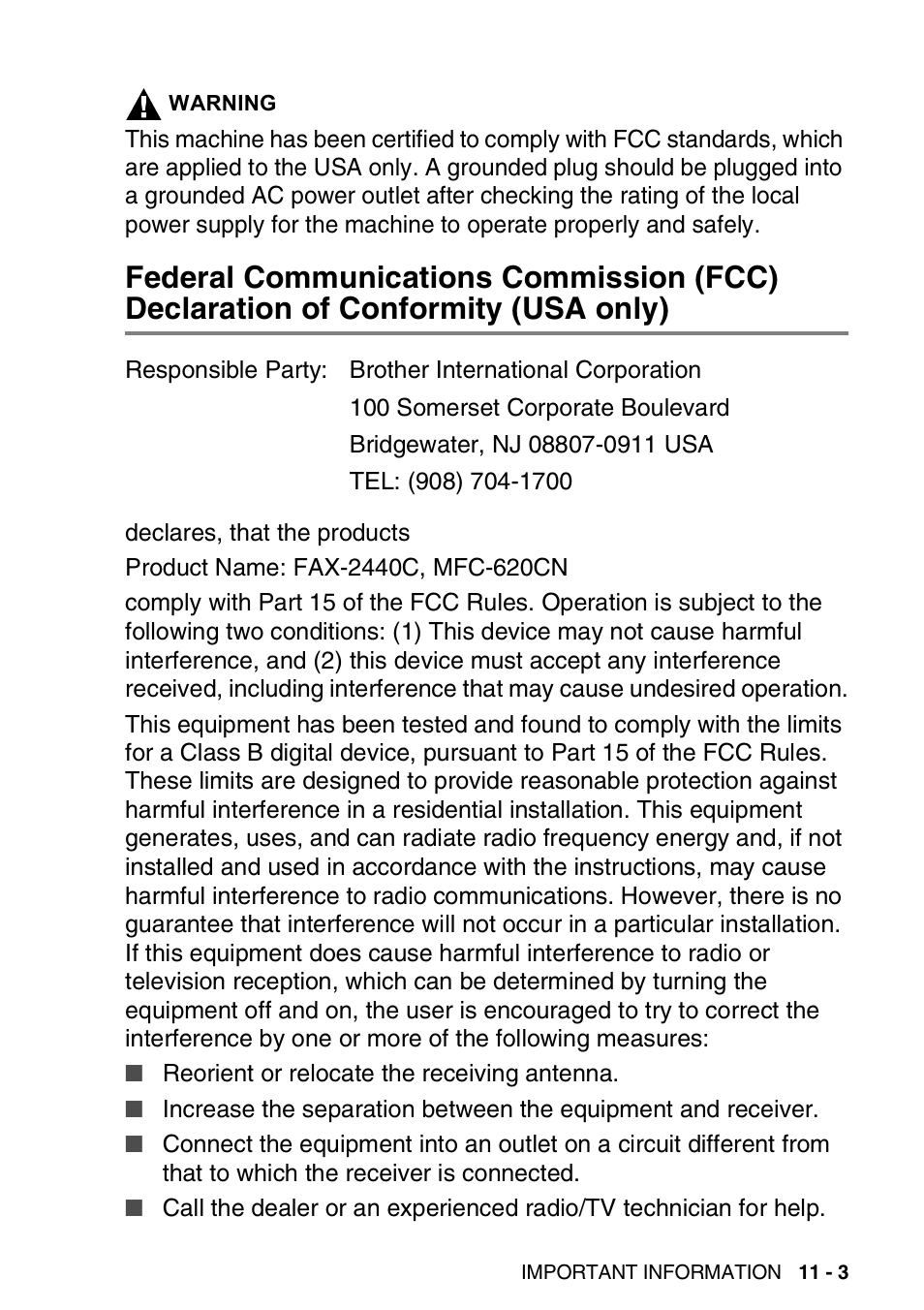 Federal communications commission (fcc), Declaration of conformity (usa only) -3 | Brother FAX-2440C User Manual | Page 140 / 230