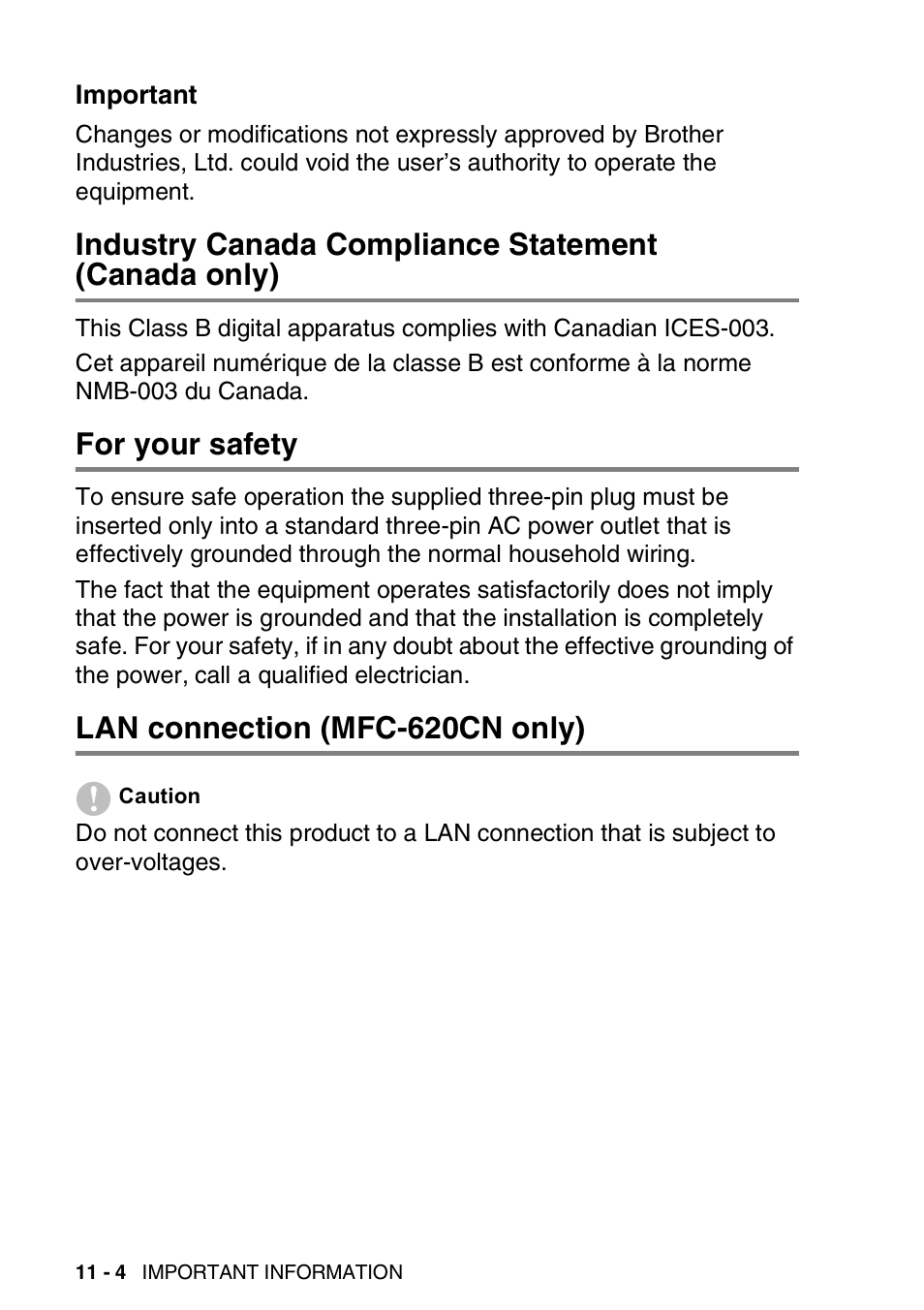 Important, Industry canada compliance statement (canada only), For your safety | Lan connection (mfc-620cn only), Important -4, Industry canada compliance statement, Canada only) -4 | Brother FAX-2440C User Manual | Page 141 / 230