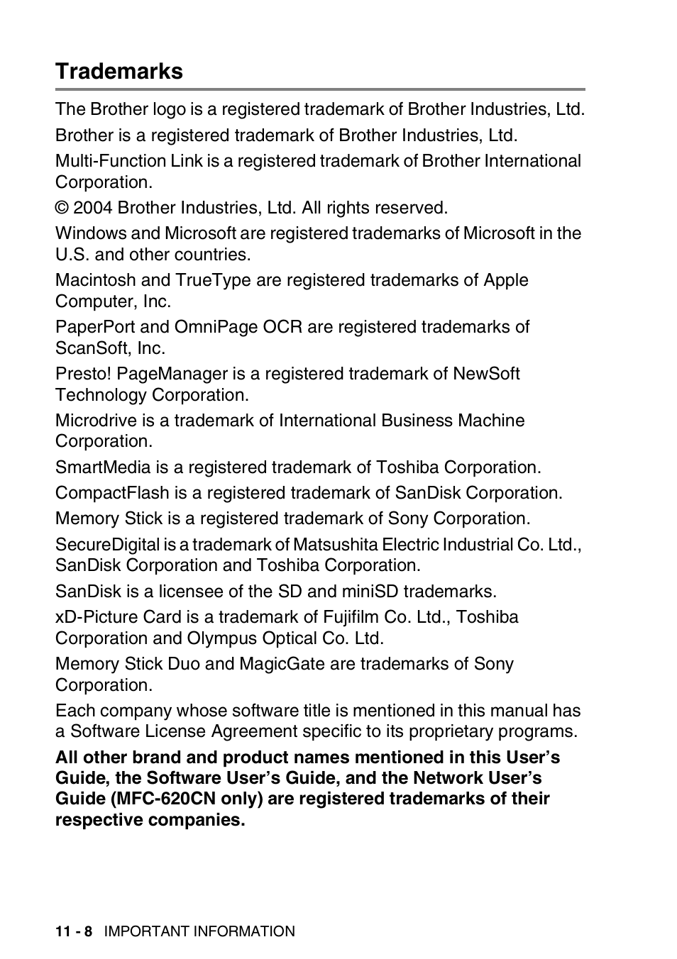 Trademarks, Trademarks -8 | Brother FAX-2440C User Manual | Page 145 / 230