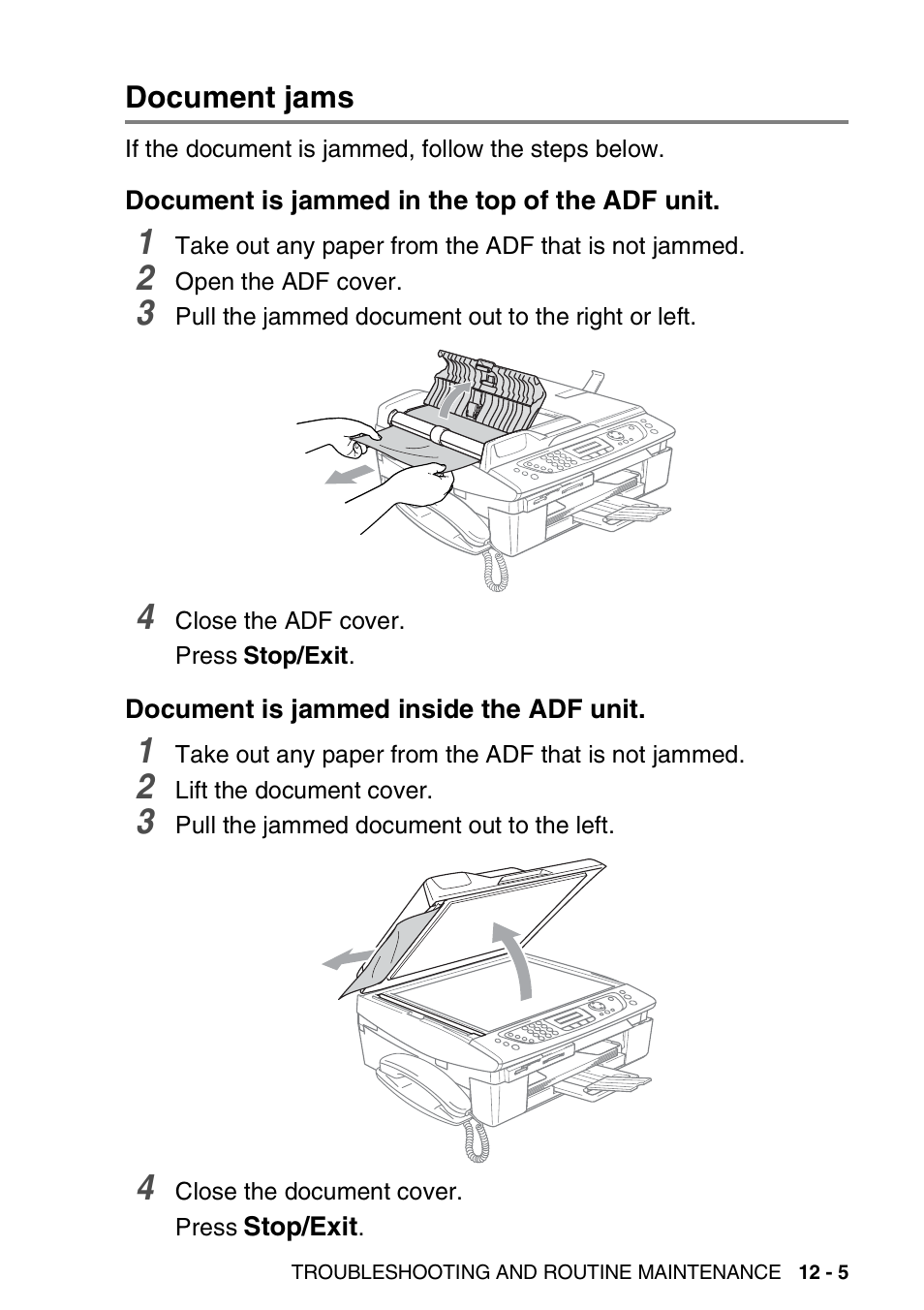 Document jams, Document is jammed in the top of the adf unit, Document is jammed inside the adf unit | Document jams -5 | Brother FAX-2440C User Manual | Page 150 / 230