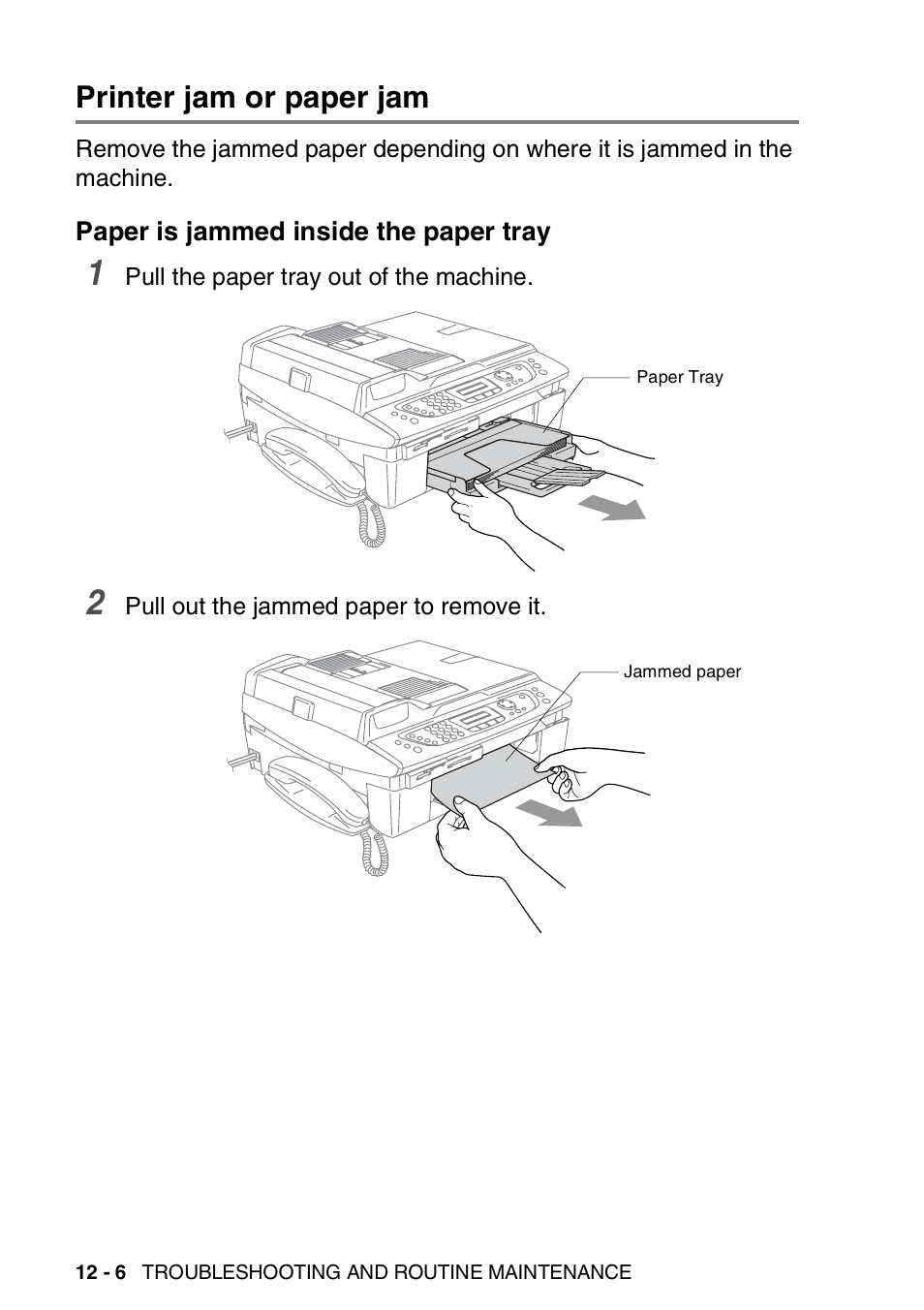 Printer jam or paper jam, Paper is jammed inside the paper tray, Printer jam or paper jam -6 | Paper is jammed inside the paper tray -6 | Brother FAX-2440C User Manual | Page 151 / 230