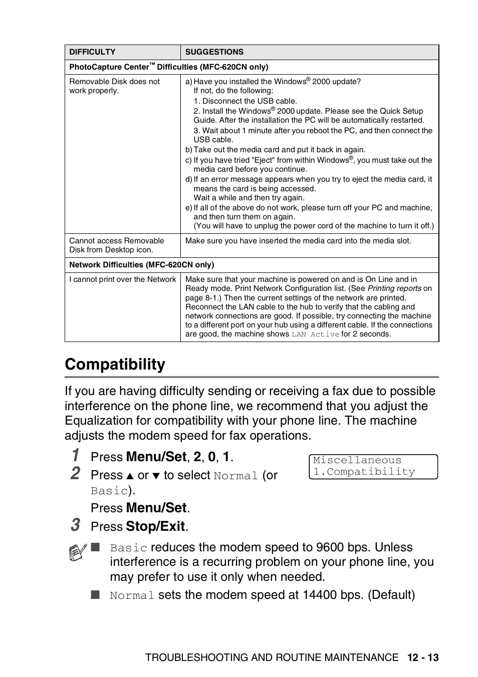 Compatibility, Compatibility -13, Menu/set | Stop/exit, Press | Brother FAX-2440C User Manual | Page 158 / 230