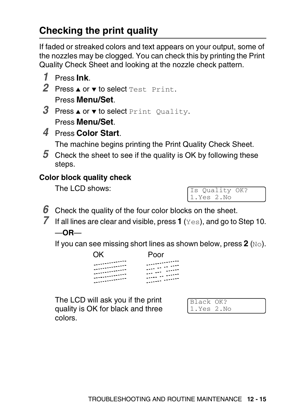 Checking the print quality, Checking the print quality -15 | Brother FAX-2440C User Manual | Page 160 / 230