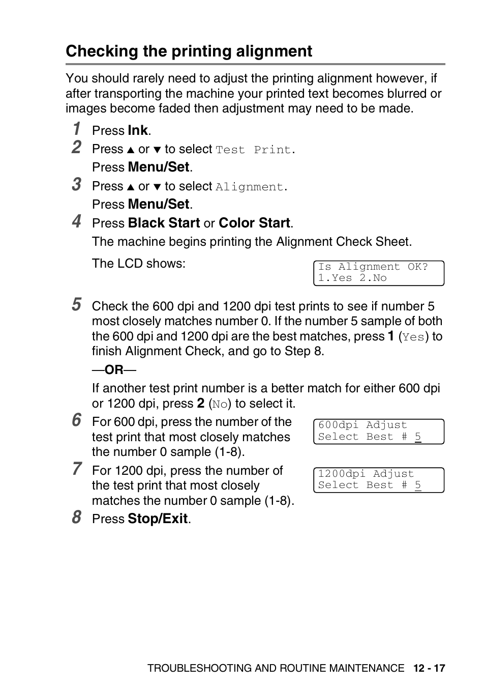 Checking the printing alignment, Checking the printing alignment -17 | Brother FAX-2440C User Manual | Page 162 / 230