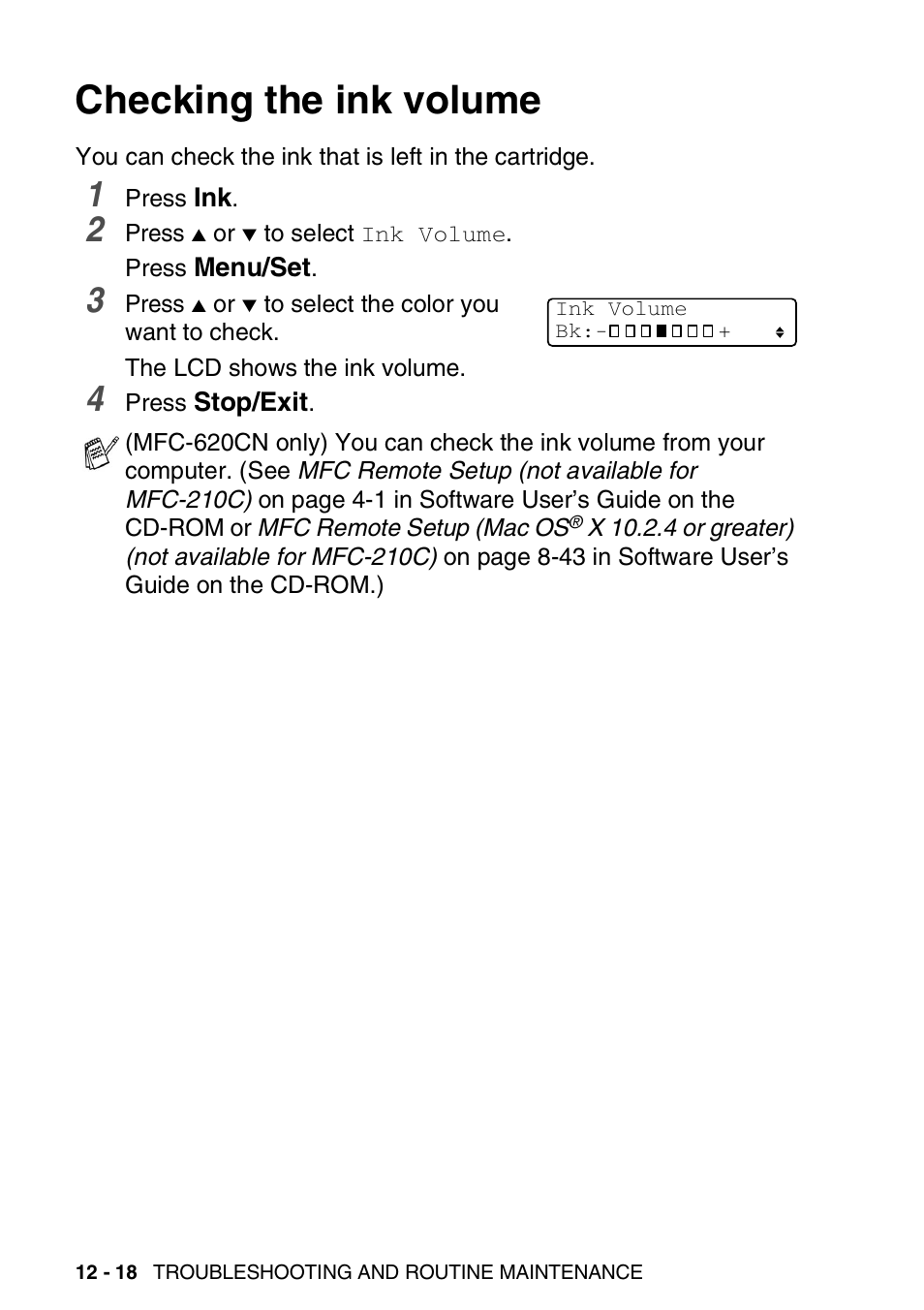 Checking the ink volume, Checking the ink volume -18 | Brother FAX-2440C User Manual | Page 163 / 230