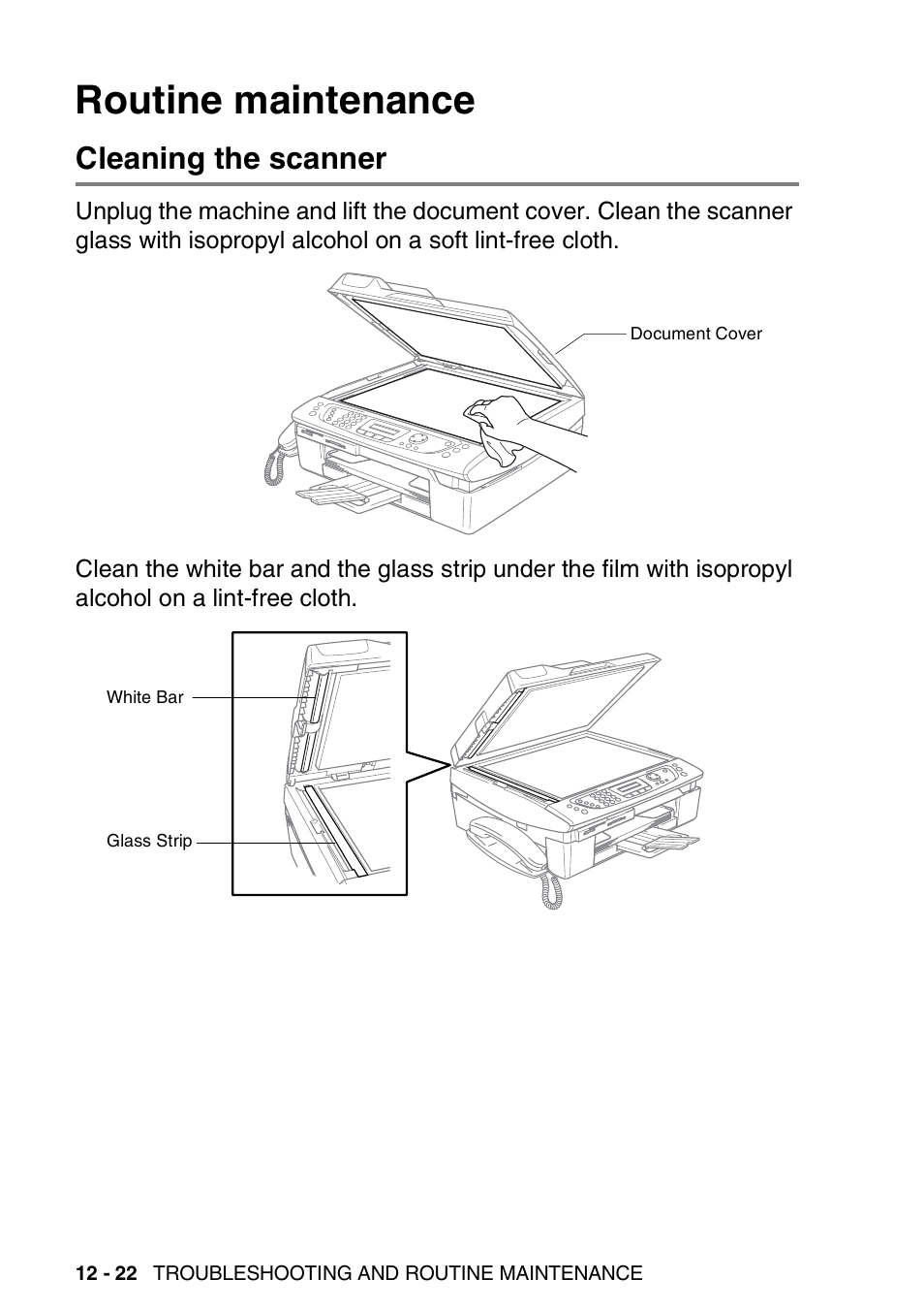 Routine maintenance, Cleaning the scanner, Routine maintenance -22 | Cleaning the scanner -22 | Brother FAX-2440C User Manual | Page 167 / 230