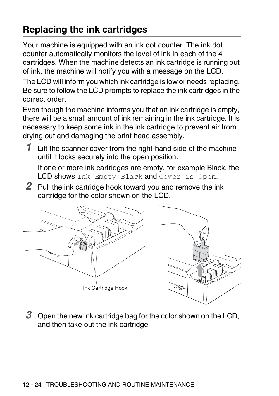 Replacing the ink cartridges, Replacing the ink cartridges -24 | Brother FAX-2440C User Manual | Page 169 / 230