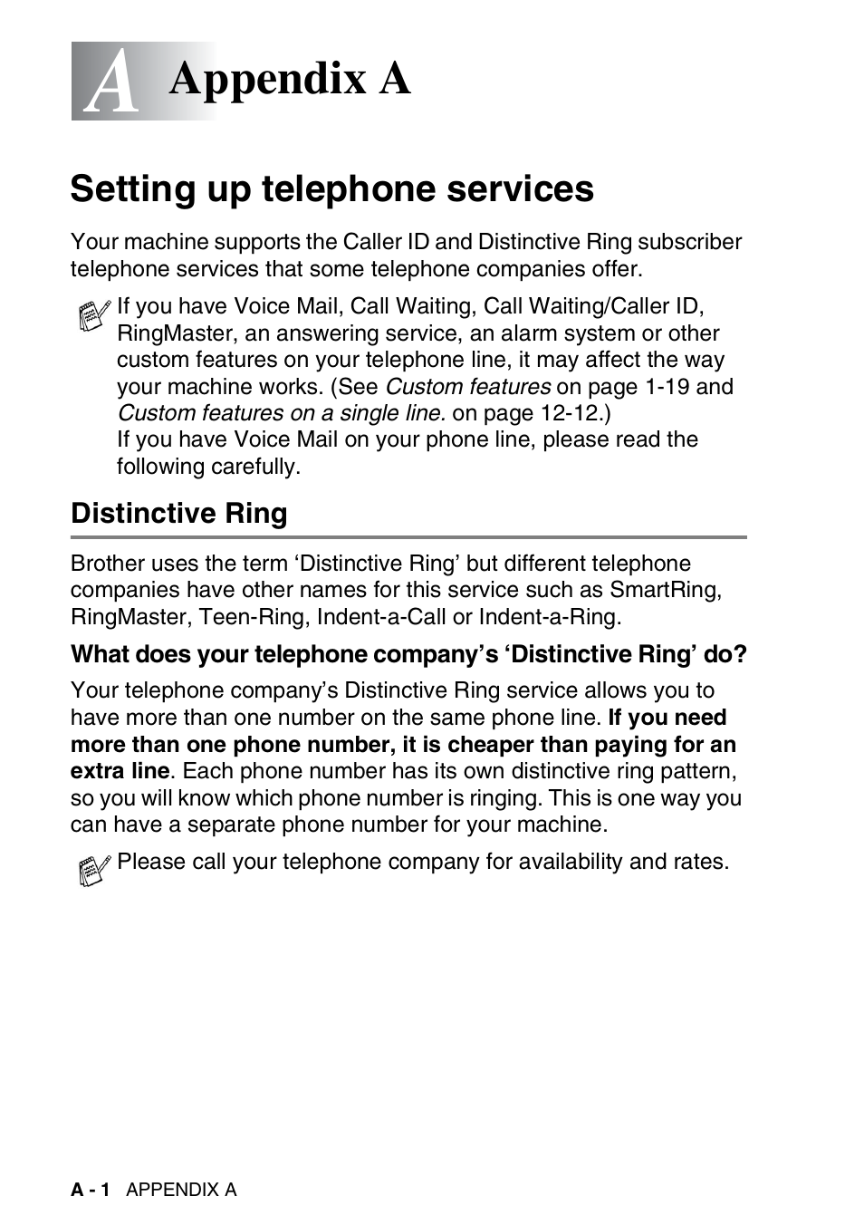 Appendix a, Setting up telephone services, Distinctive ring | What does your telephone company’s | Brother FAX-2440C User Manual | Page 173 / 230
