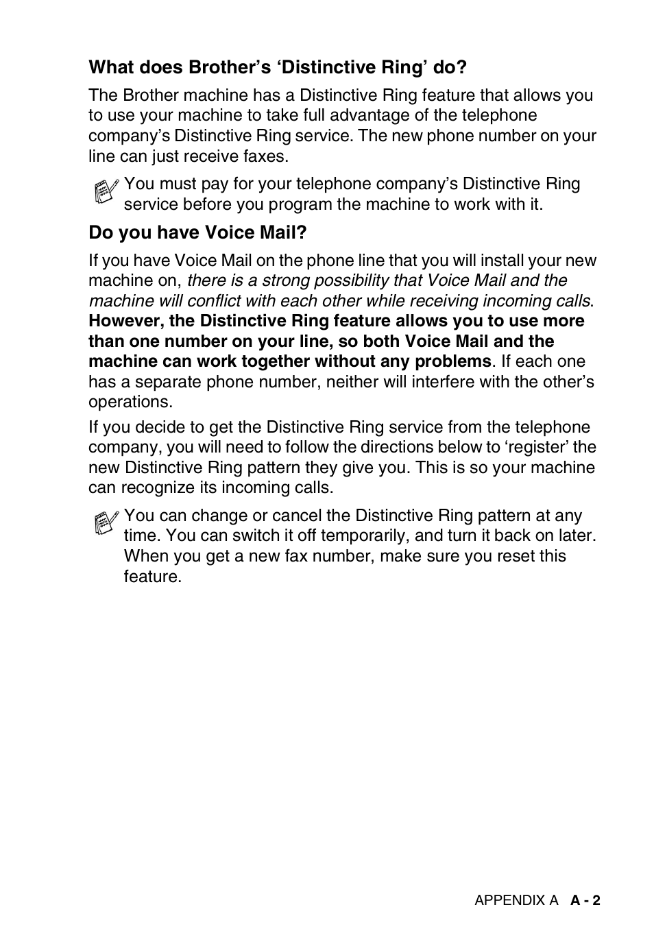 What does brother’s ‘distinctive ring’ do, Do you have voice mail | Brother FAX-2440C User Manual | Page 174 / 230
