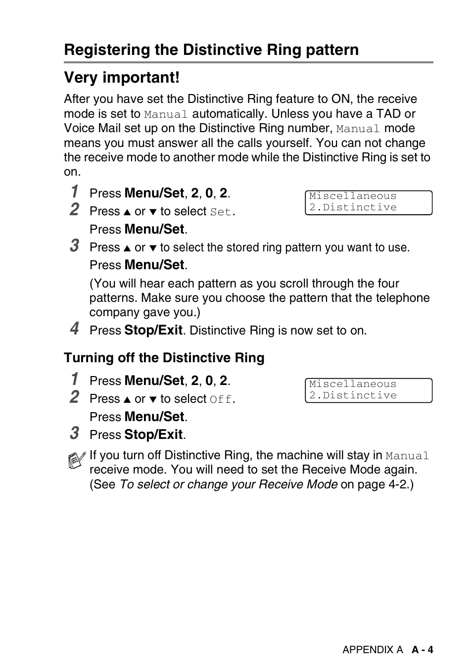 Registering the distinctive ring pattern, Turning off the distinctive ring | Brother FAX-2440C User Manual | Page 176 / 230