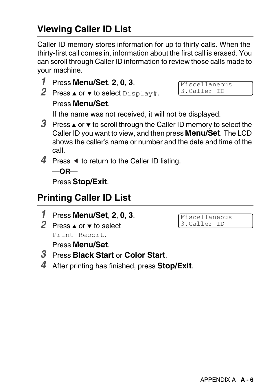Viewing caller id list, Printing caller id list | Brother FAX-2440C User Manual | Page 178 / 230