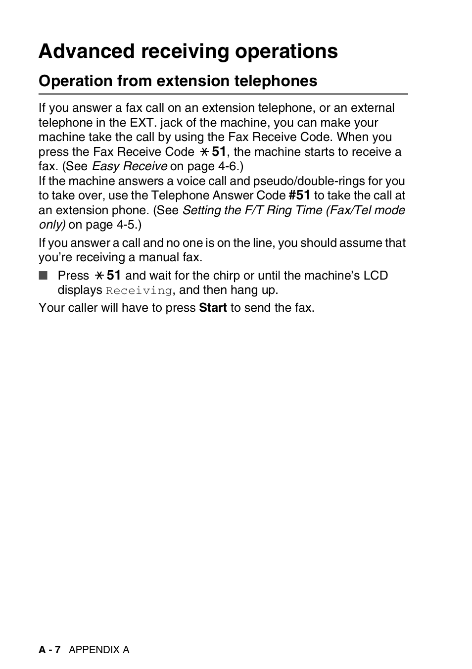 Advanced receiving operations, Operation from extension telephones | Brother FAX-2440C User Manual | Page 179 / 230