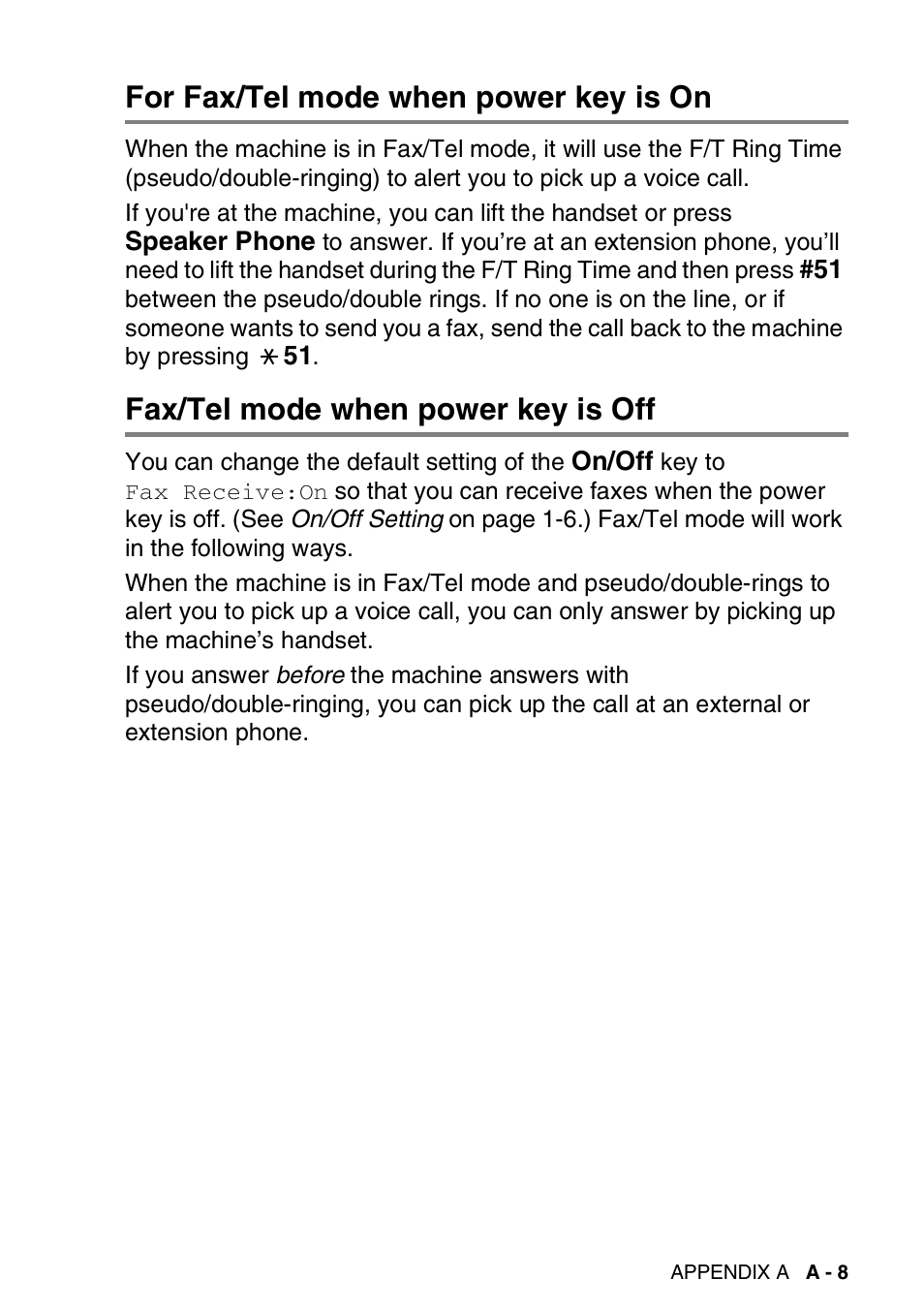 For fax/tel mode when power key is on, Fax/tel mode when power key is off | Brother FAX-2440C User Manual | Page 180 / 230