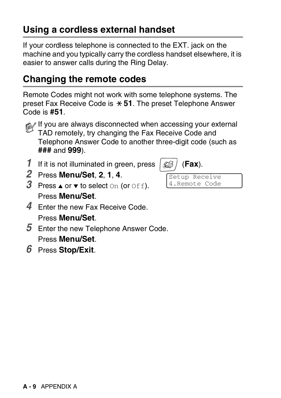 Using a cordless external handset, Changing the remote codes | Brother FAX-2440C User Manual | Page 181 / 230