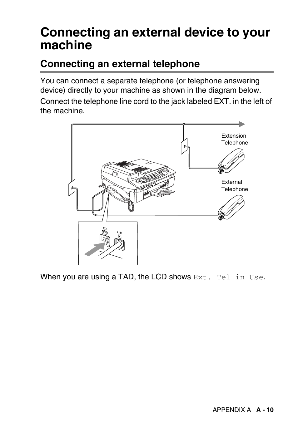 Connecting an external device to your machine, Connecting an external telephone | Brother FAX-2440C User Manual | Page 182 / 230