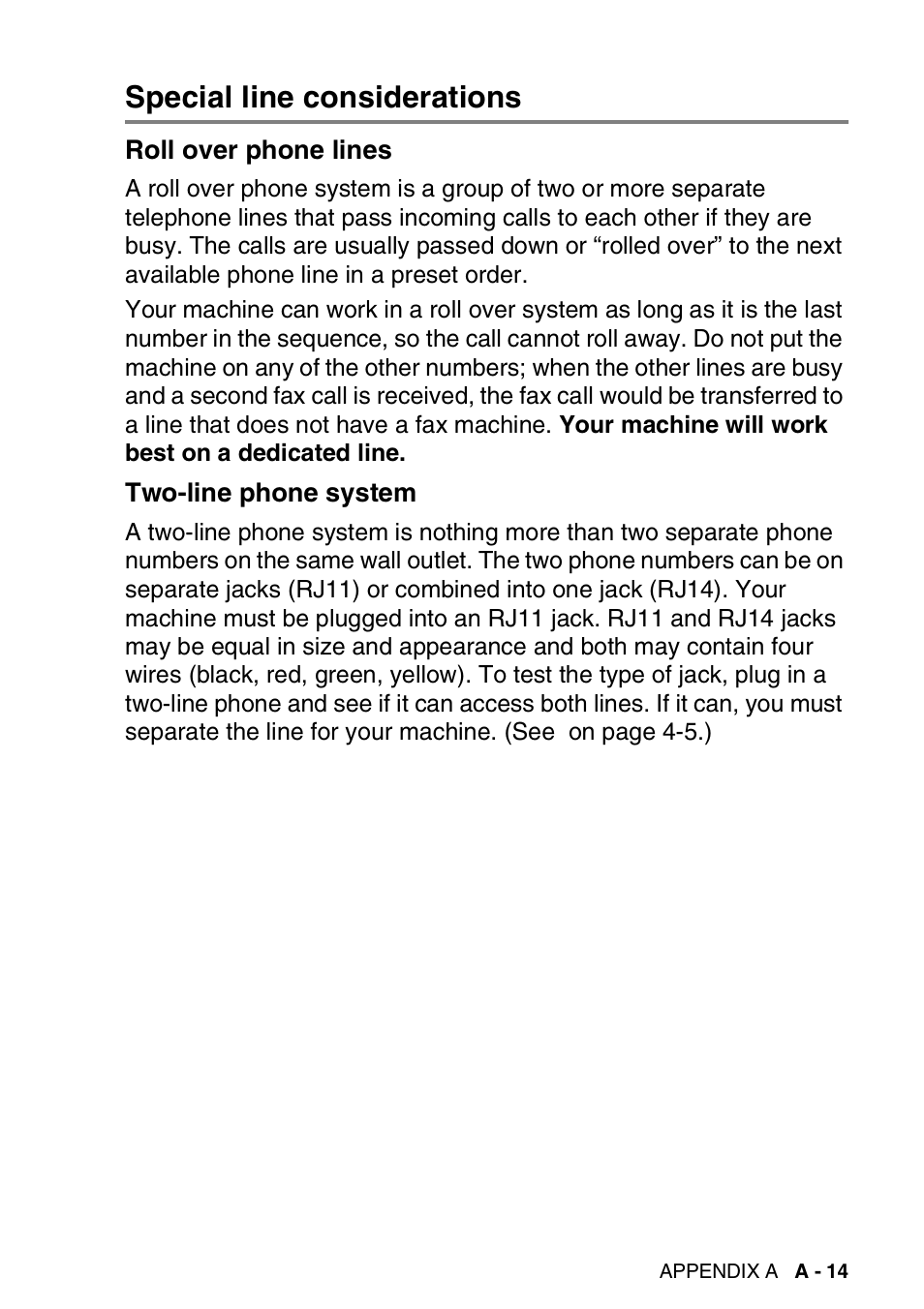 Special line considerations, Roll over phone lines, Two-line phone system | Brother FAX-2440C User Manual | Page 186 / 230