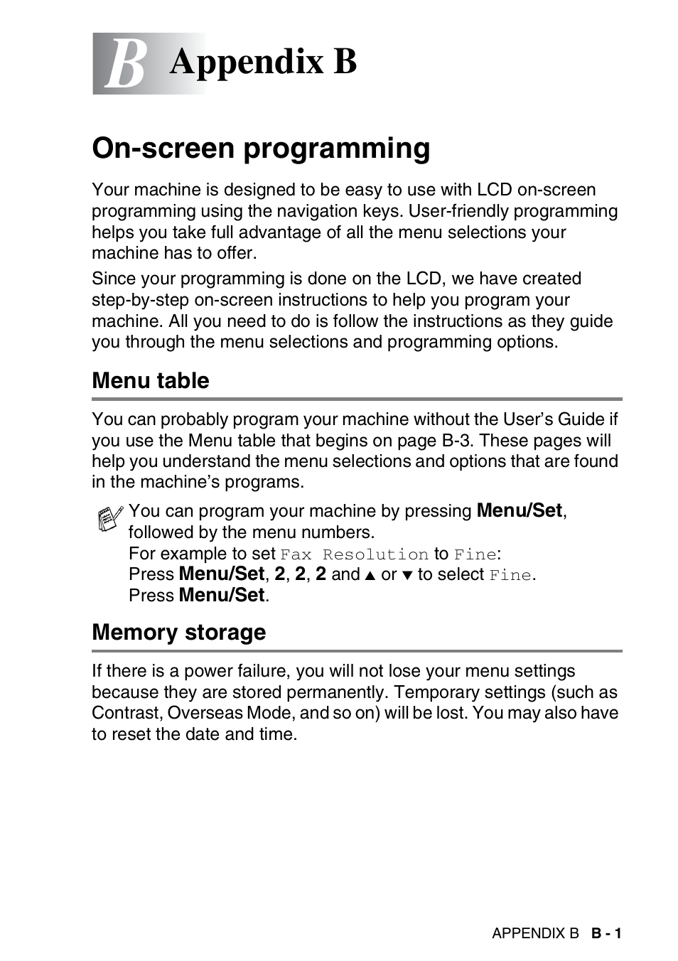 Appendix b, On-screen programming, Menu table | Memory storage | Brother FAX-2440C User Manual | Page 190 / 230